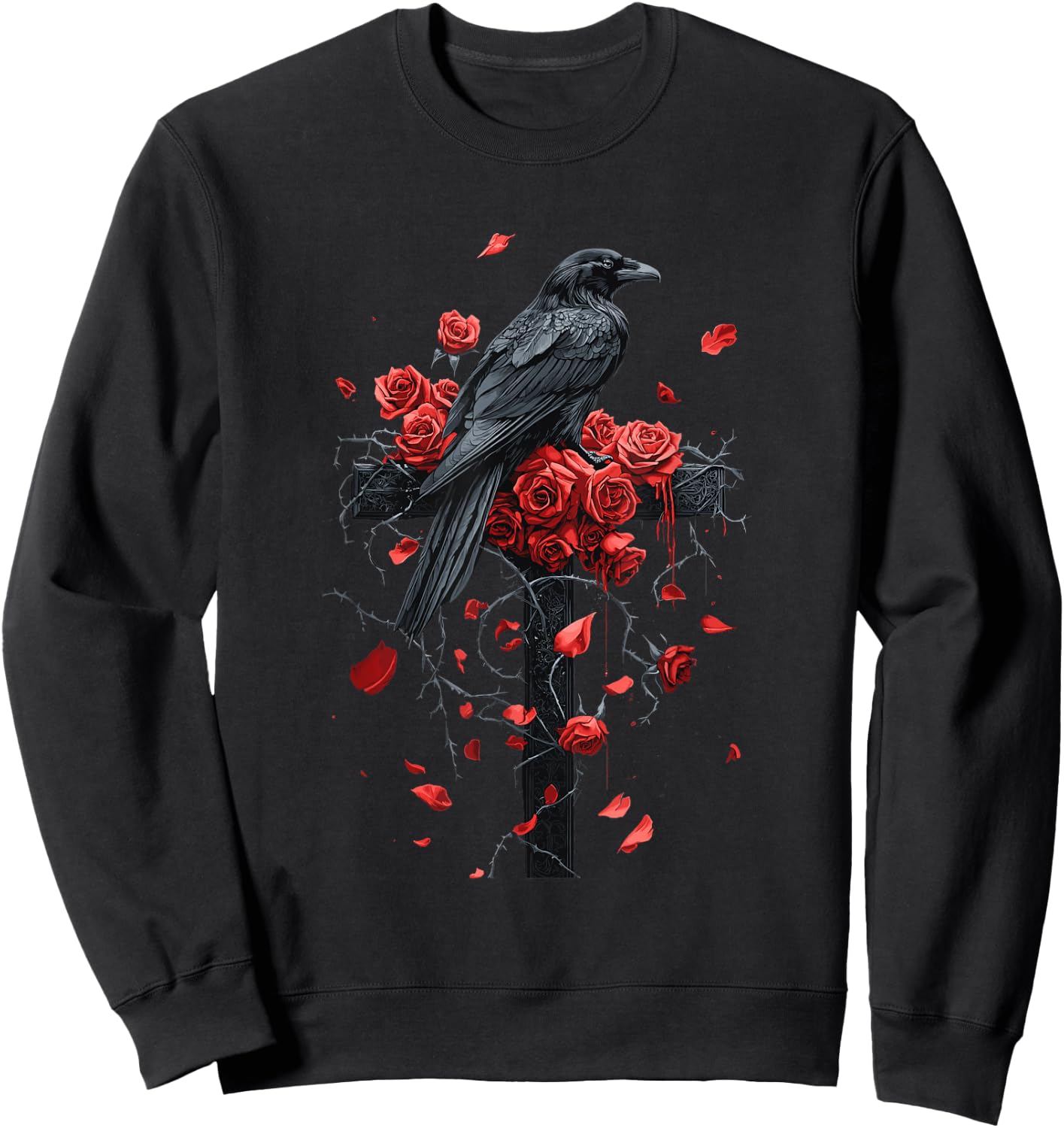 Raven with Roses on Cross Gothic Sweatshirt - Sweatshirt | Black