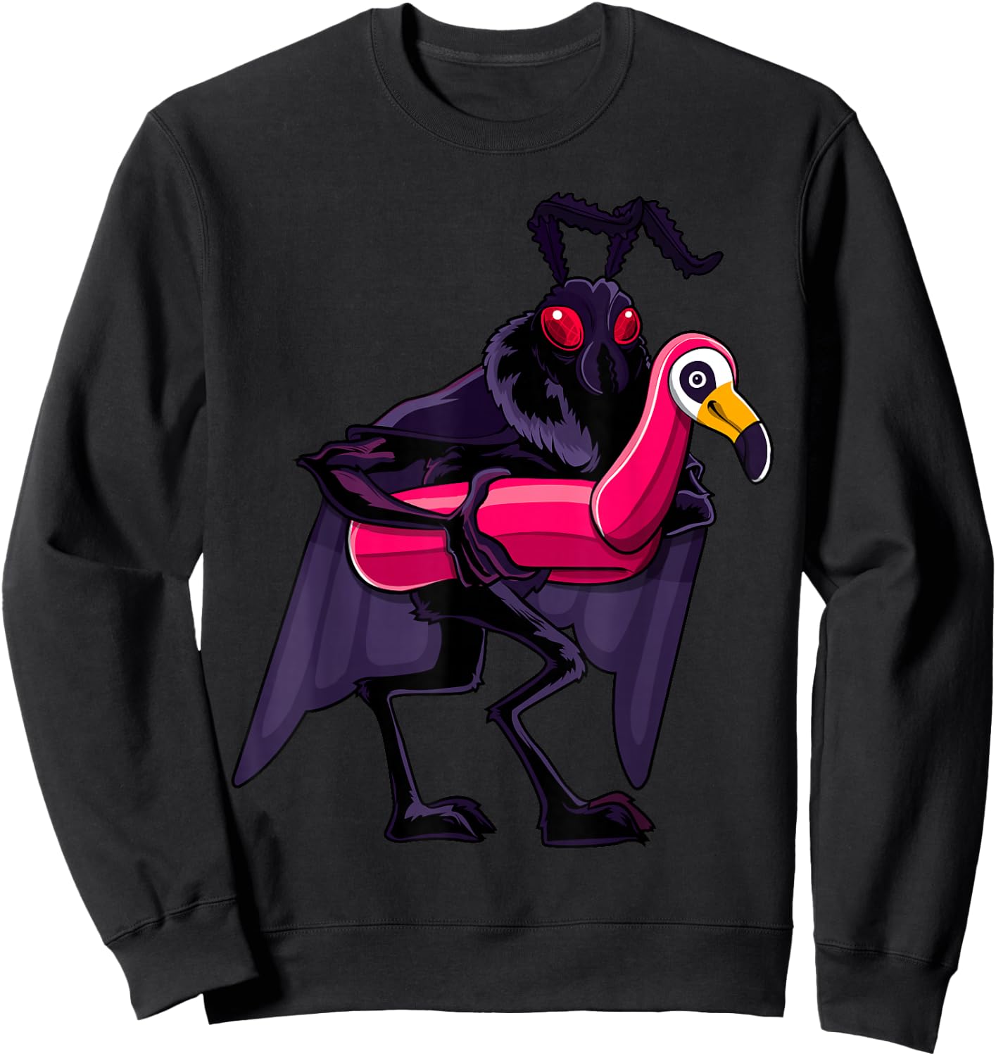 Mothman Pool Party Pink Float Flamingo Funny Cryptid Monster Sweatshirt - Sweatshirt | Black