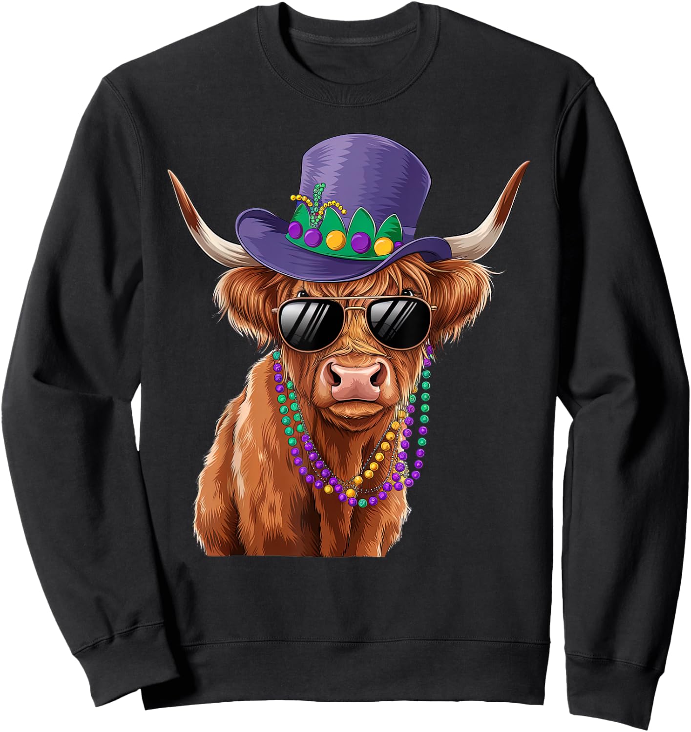 Funny Scottish Highland Cow Mardi Gras Carnival Outfit Sweatshirt - Sweatshirt | Black