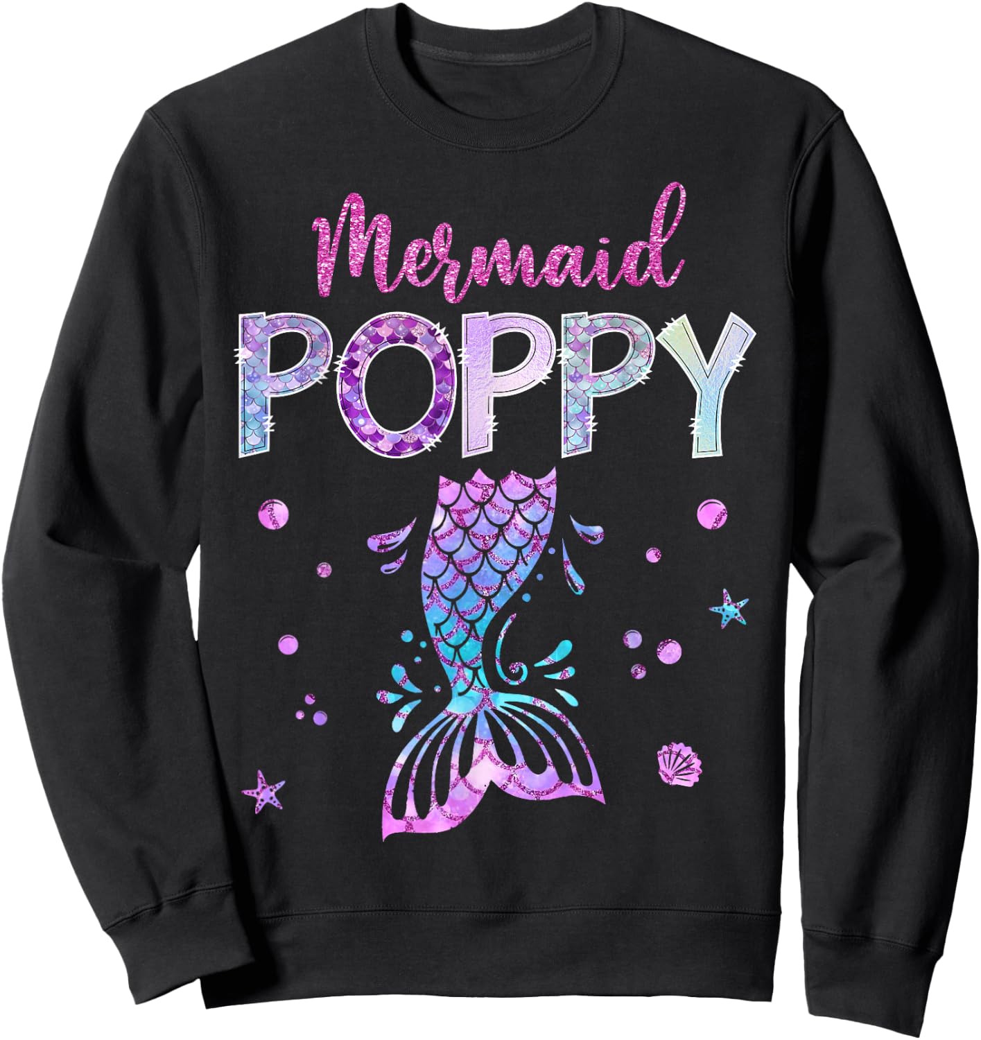 Mermaid Poppy Birthday Party Girl Family Matching Sweatshirt - Sweatshirt | Black