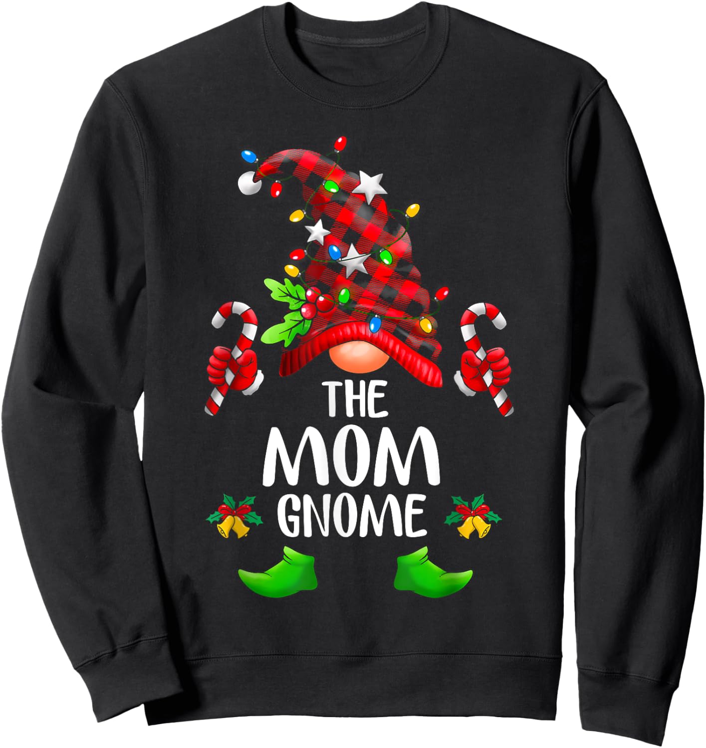 Mom Gnome Buffalo Plaid Matching Family Christmas Pajama Sweatshirt - Sweatshirt | Black
