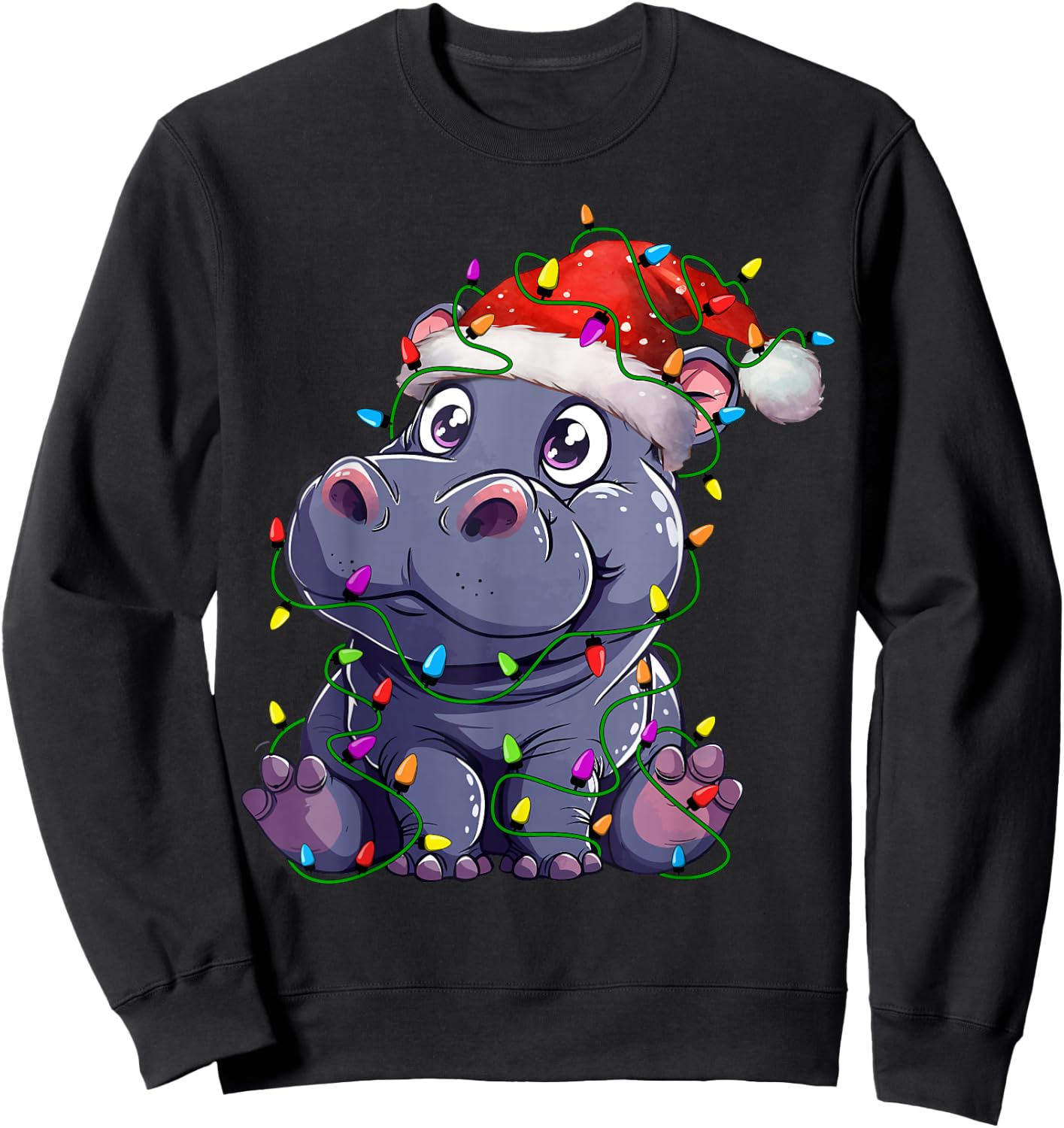 Hippopotamus Santa Christmas Tree Lighting Xmas Funny Sweatshirt - Sweatshirt | Black