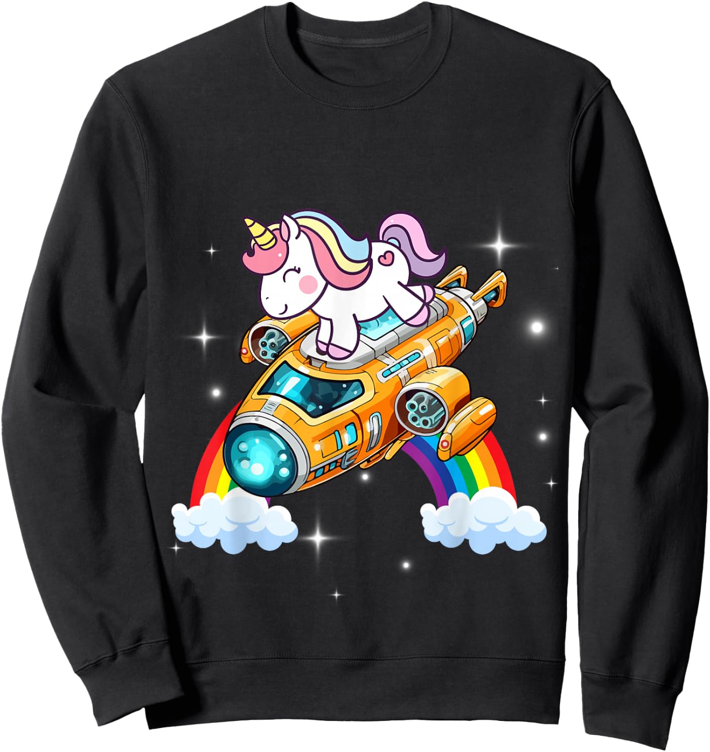 Unicorn Riding Spaceship Women Men Kids Teens Boys Girls Sweatshirt - Sweatshirt | Black