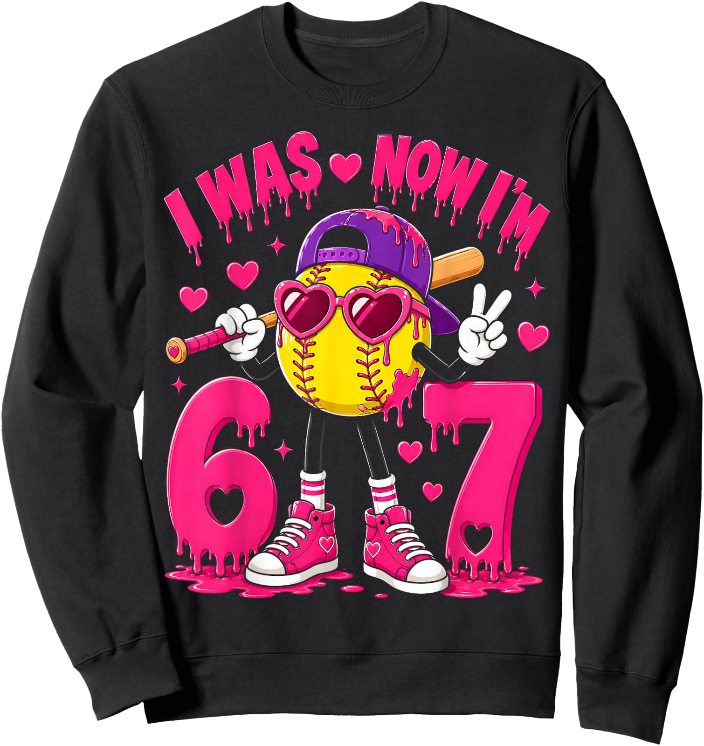 7th Birthday Boy Softball Ice Cream Drip 7 Year Old Party Sweatshirt - Sweatshirt | Black