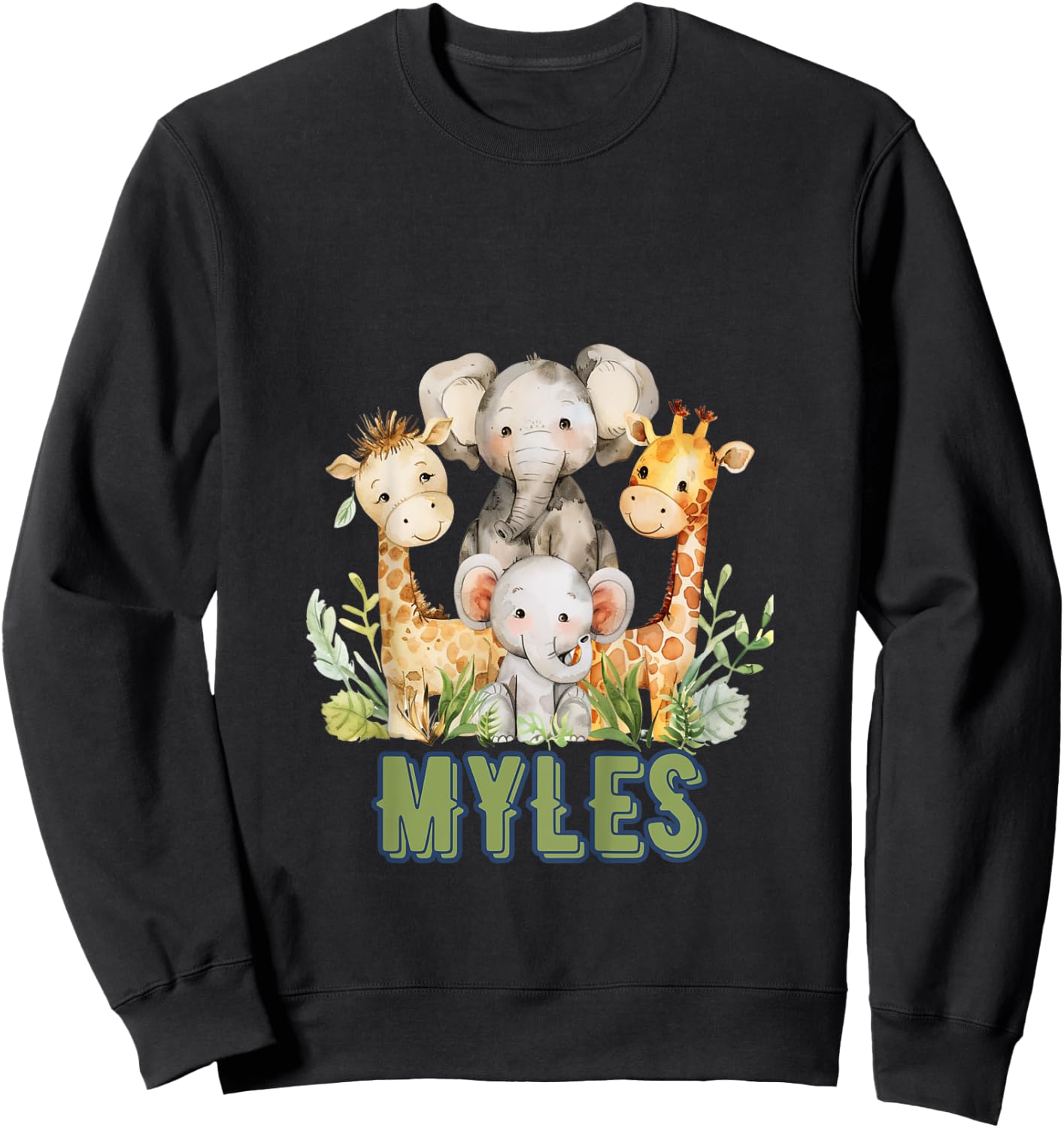 Kids MYLES First Name Safari Nursery Theme Elephant Giraffe Cute Sweatshirt - Sweatshirt | Black