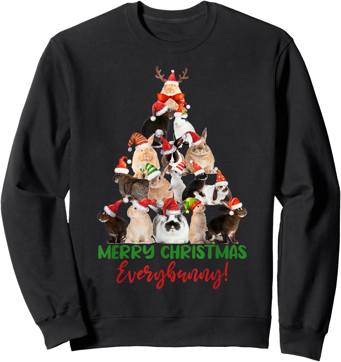 Christmas Tree with Santa Hat Bunnies Cute Holiday Sweatshirt - Sweatshirt | Black