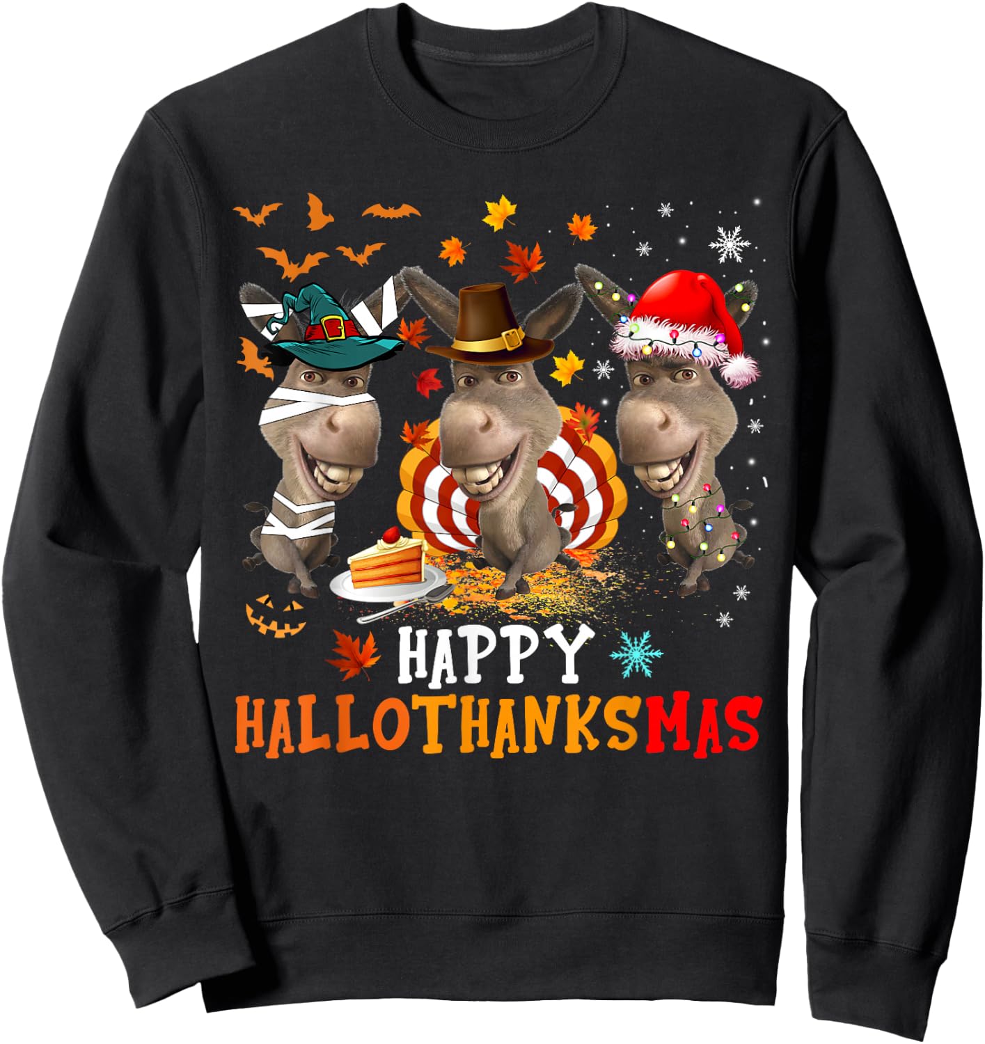 Happy HalloThanksMas Cute Santa Witch Turkey Donkey Farmer Sweatshirt - Sweatshirt | Black