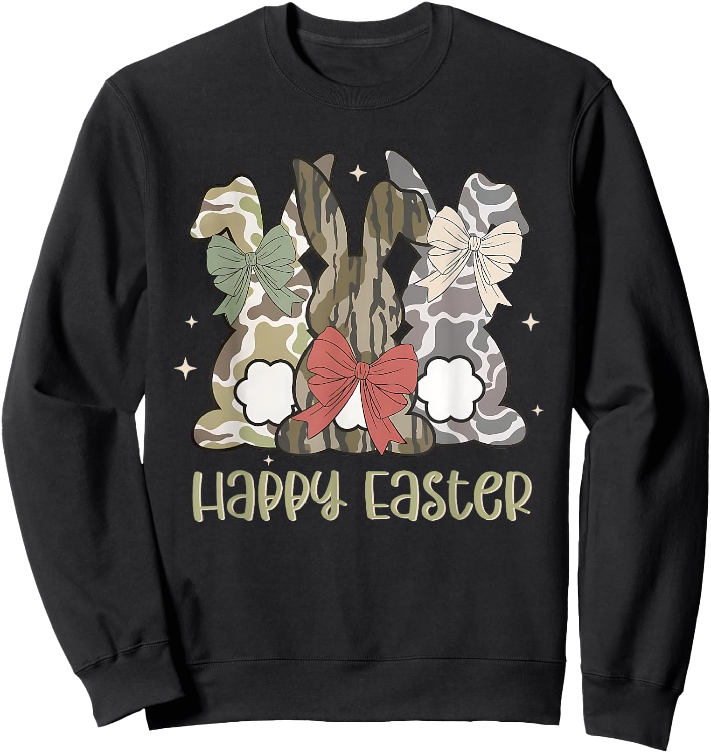 Camo Bunny Happy Easter Camouflage Bunnies Coquette Bow Kids Sweatshirt - Sweatshirt | Black