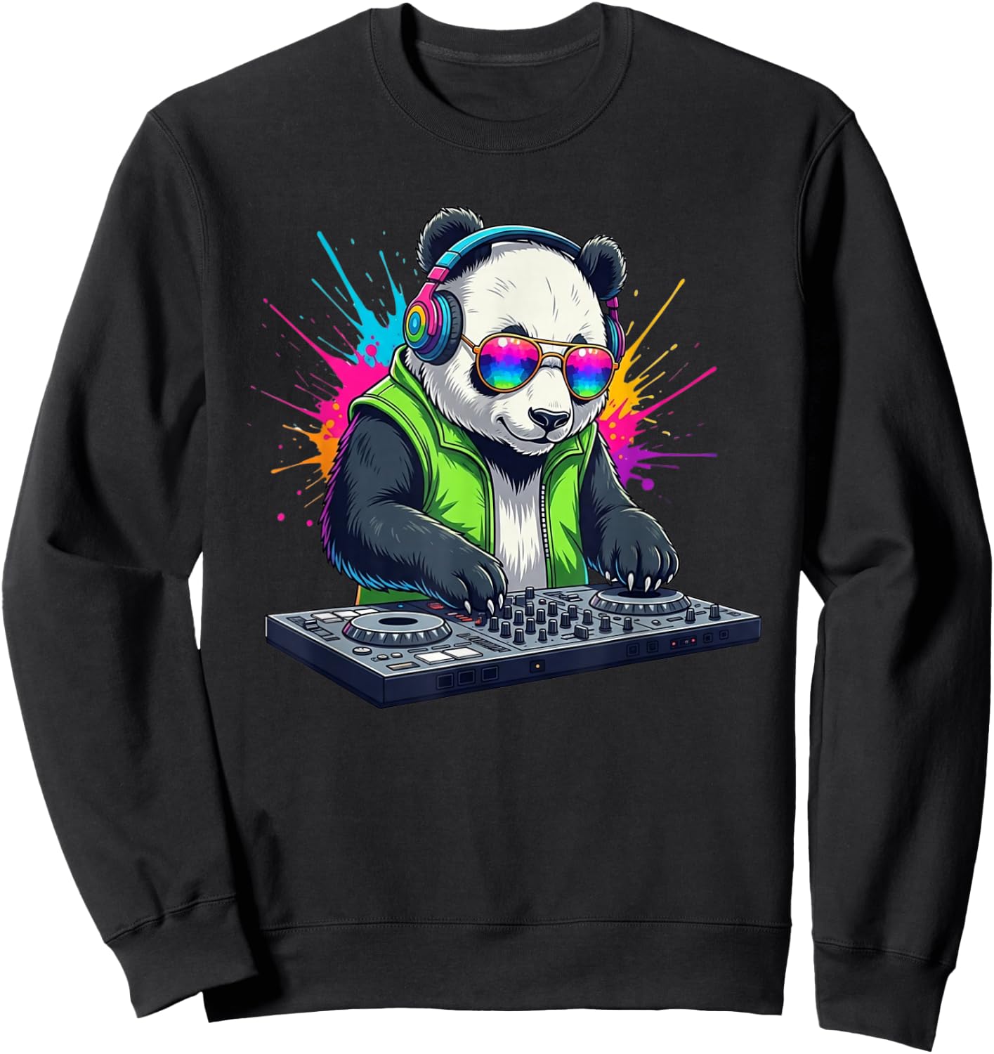 Rainbow DJ Panda with Sunglasses Headphones EDM Music Funny Sweatshirt - Sweatshirt | Black