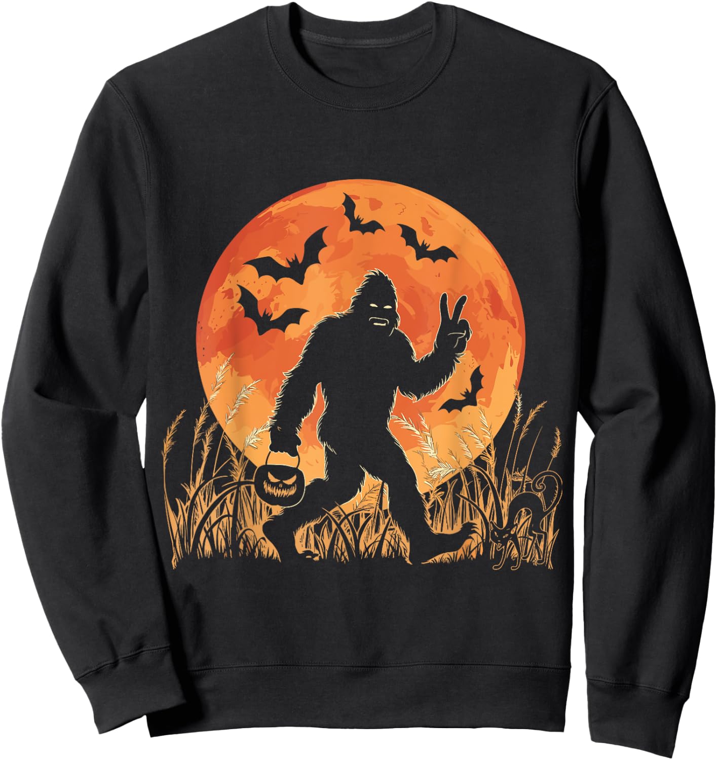 Vintage Bigfoot Pumpkin Halloween Moon Silhouette Sasquatch Sweatshirt - Sweatshirt | Black