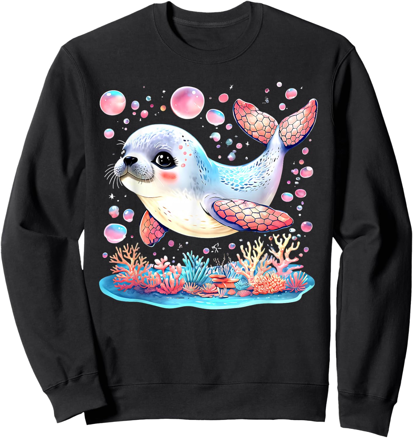 Cute Seal Pup Kawaii Ocean Underwater Sea Animals Kids Sweatshirt - Sweatshirt | Black