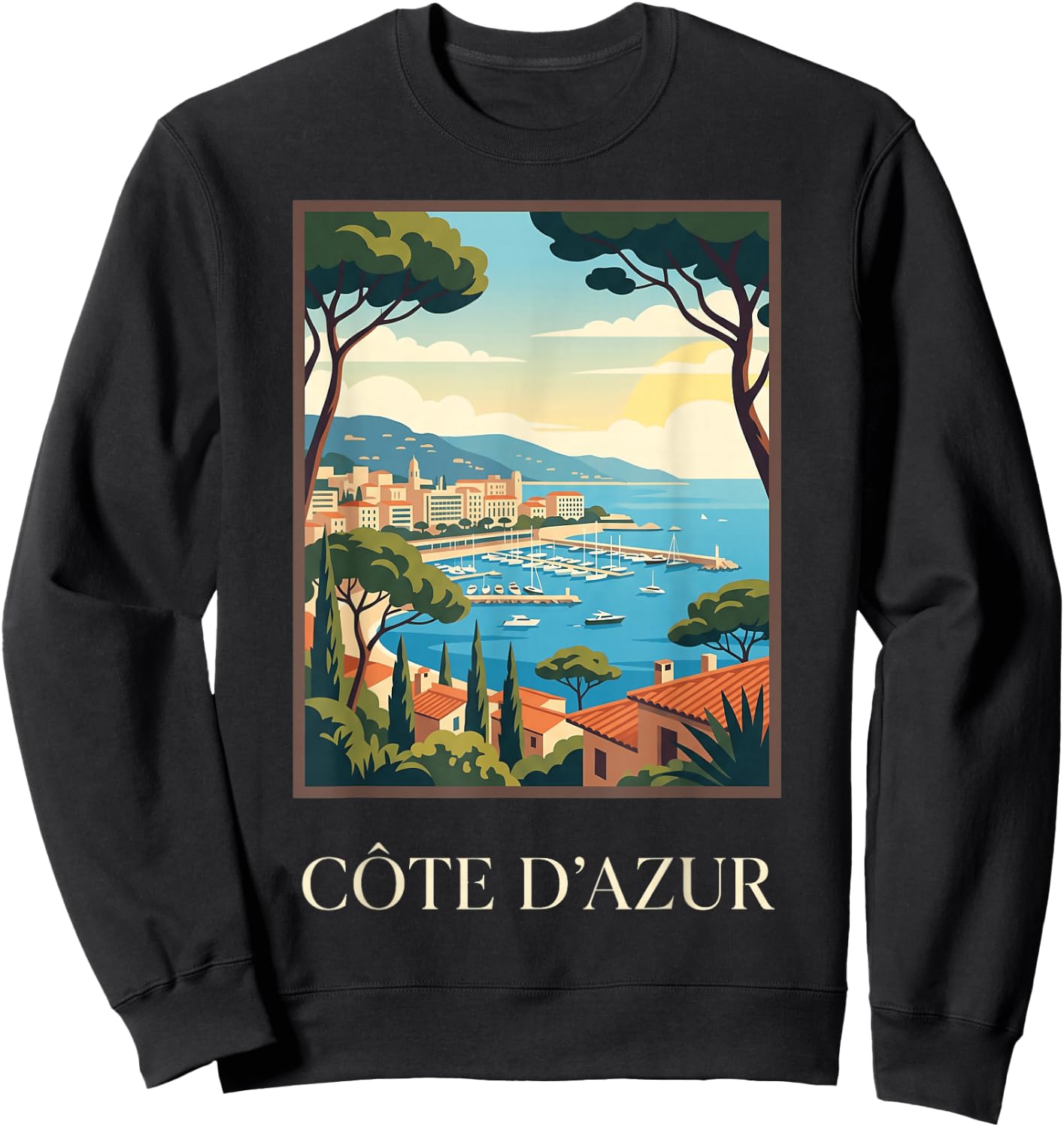 Cote d’Azur French Riviera Coastal Retro Travel Graphic Sweatshirt - Sweatshirt | Black