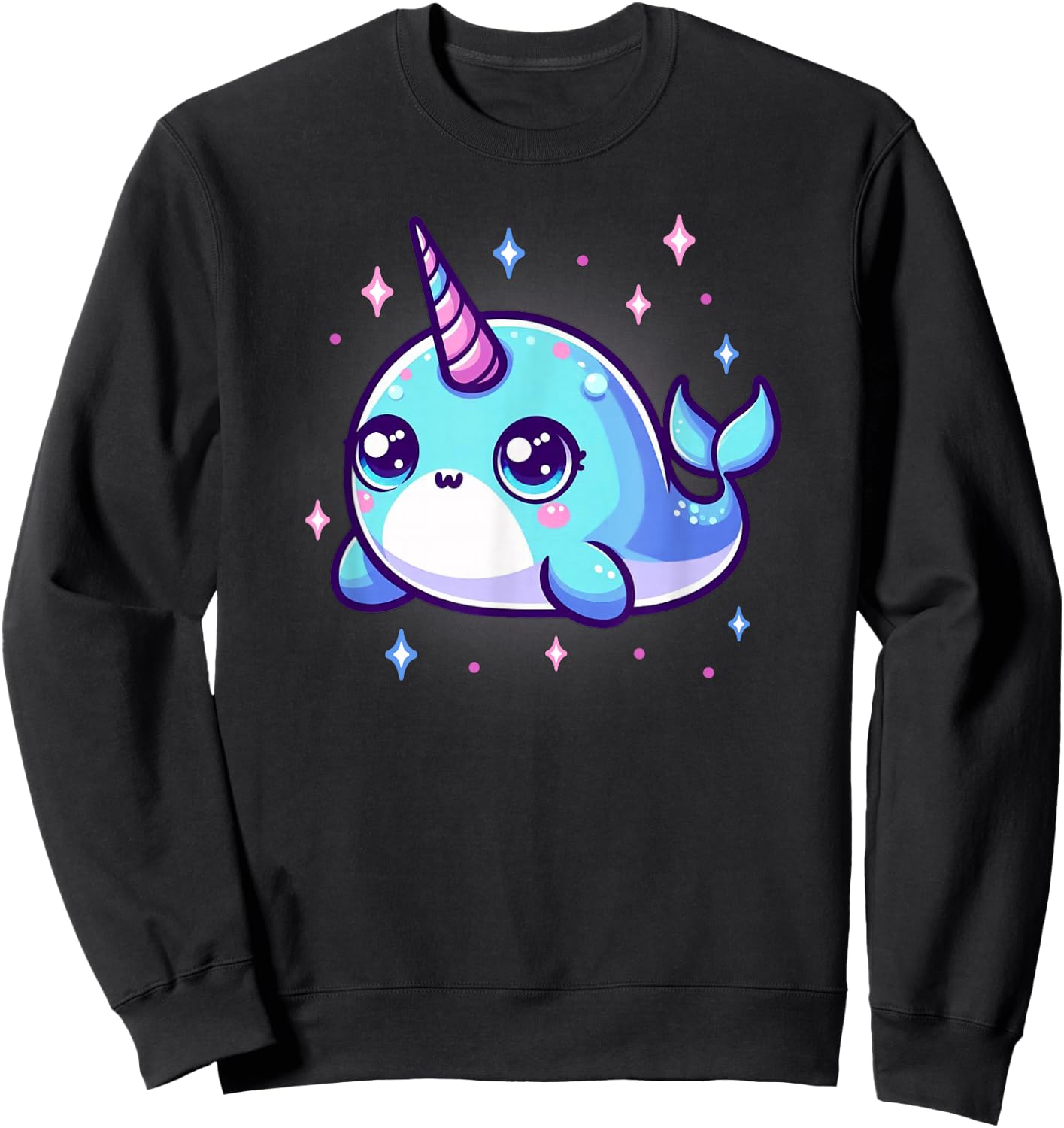 Cute Kawaii Narwhal Blue Pink Anime Sea Ocean Fun Sweatshirt - Sweatshirt | Black