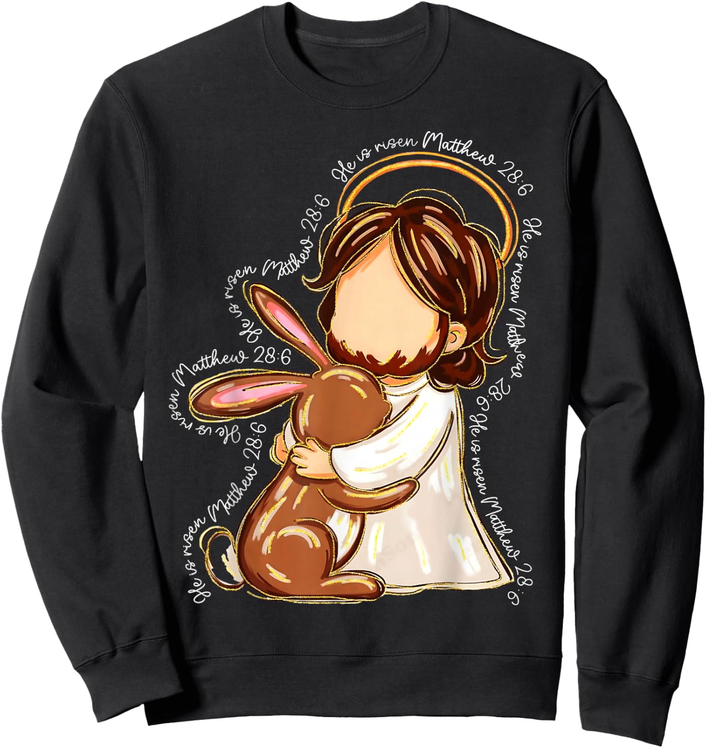 MATTHEW 28:6 Jesus Easter Hugging Bunny Christian Easter Sweatshirt - Sweatshirt | Black