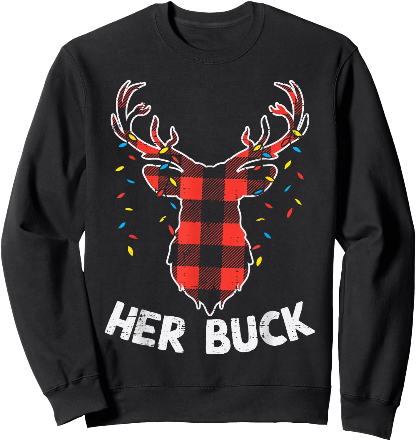 Plaid Reindeer Her Buck Matching Christmas Couple Men PJ Sweatshirt - Sweatshirt | Black