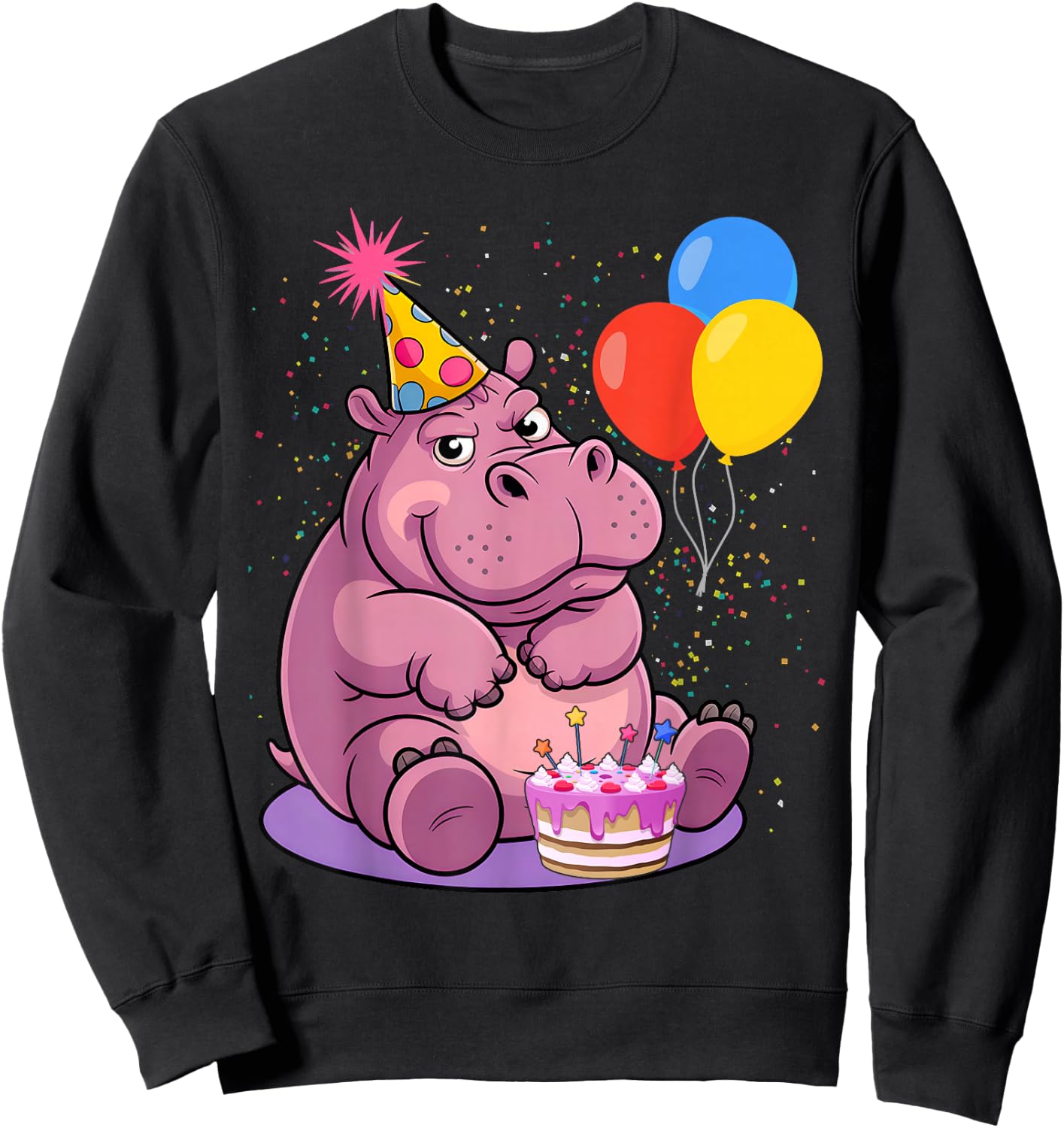 Hippo Wearing A Birthday Hat With Party Balloons Par Sweatshirt - Sweatshirt | Black
