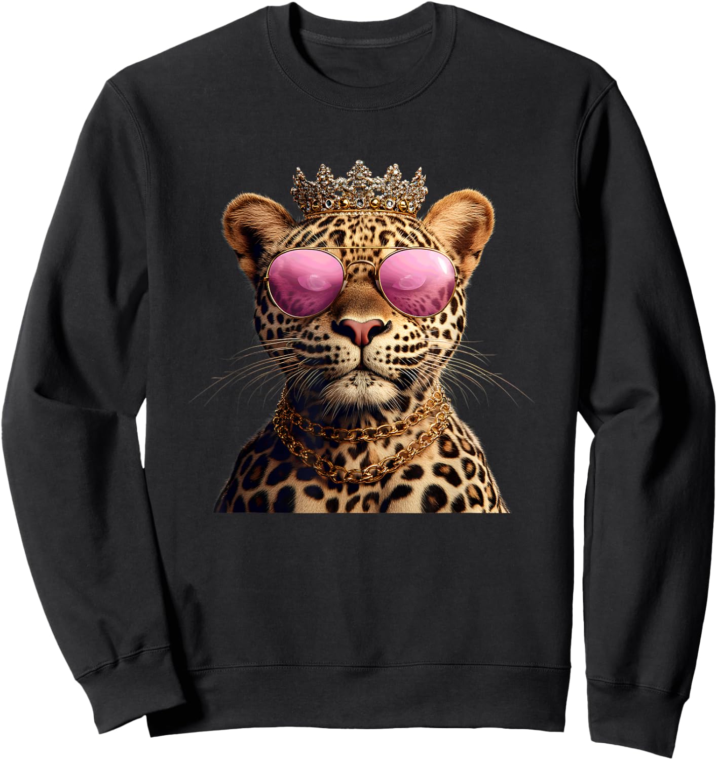 Crowned Leopard With Sunglasses And Chains Sweatshirt - Sweatshirt | Black