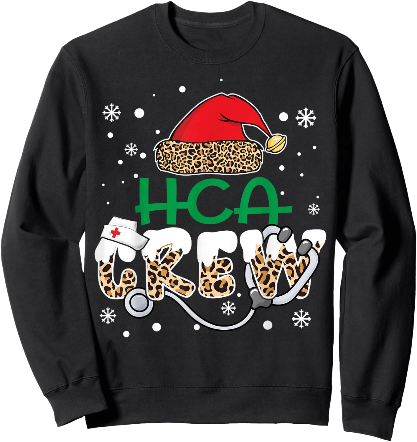 HCA Crew Leopard Santa Hat Stethoscope Funny Nurse Christmas Sweatshirt - Sweatshirt | Black
