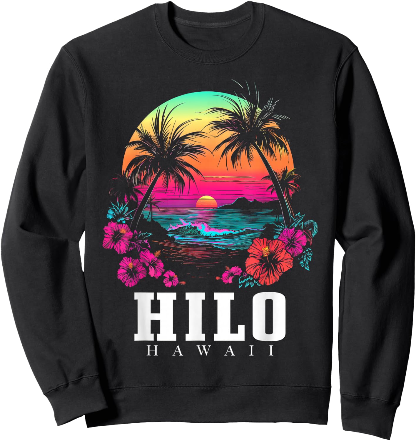 Hilo Hawaii Hawaiian Hibiscus Flowers Surfer Souvenir Sweatshirt - Sweatshirt | Black