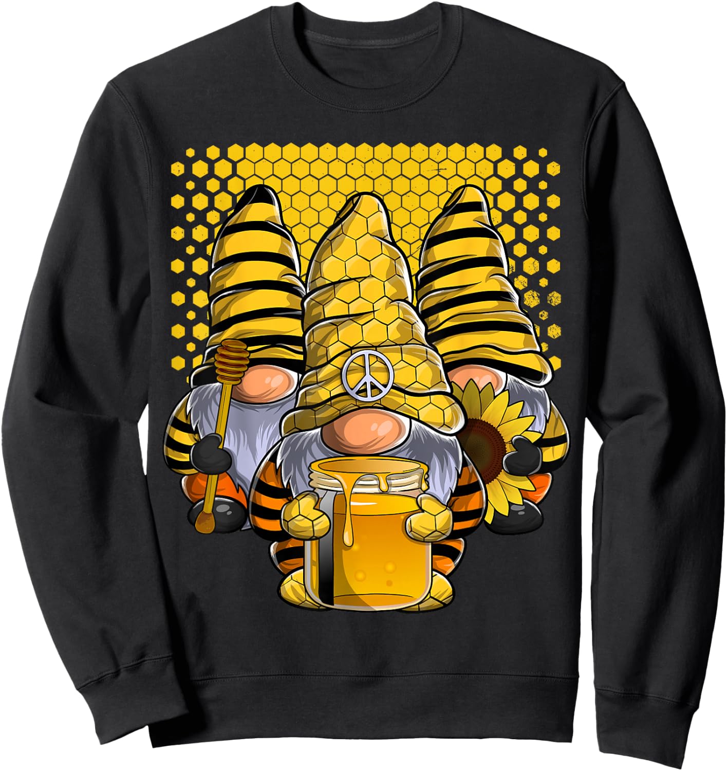 Three Honey Gnomes Sunflower Bee Peace Gnome Sweatshirt - Sweatshirt | Black