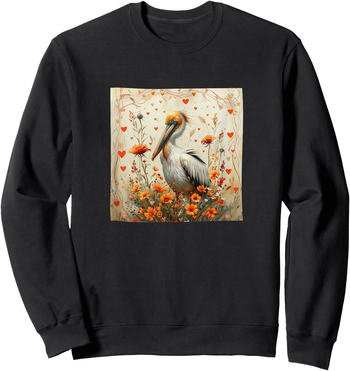 Pelican Flowers With Hearts Around Boho Style Graphic Sweatshirt - Sweatshirt | Black