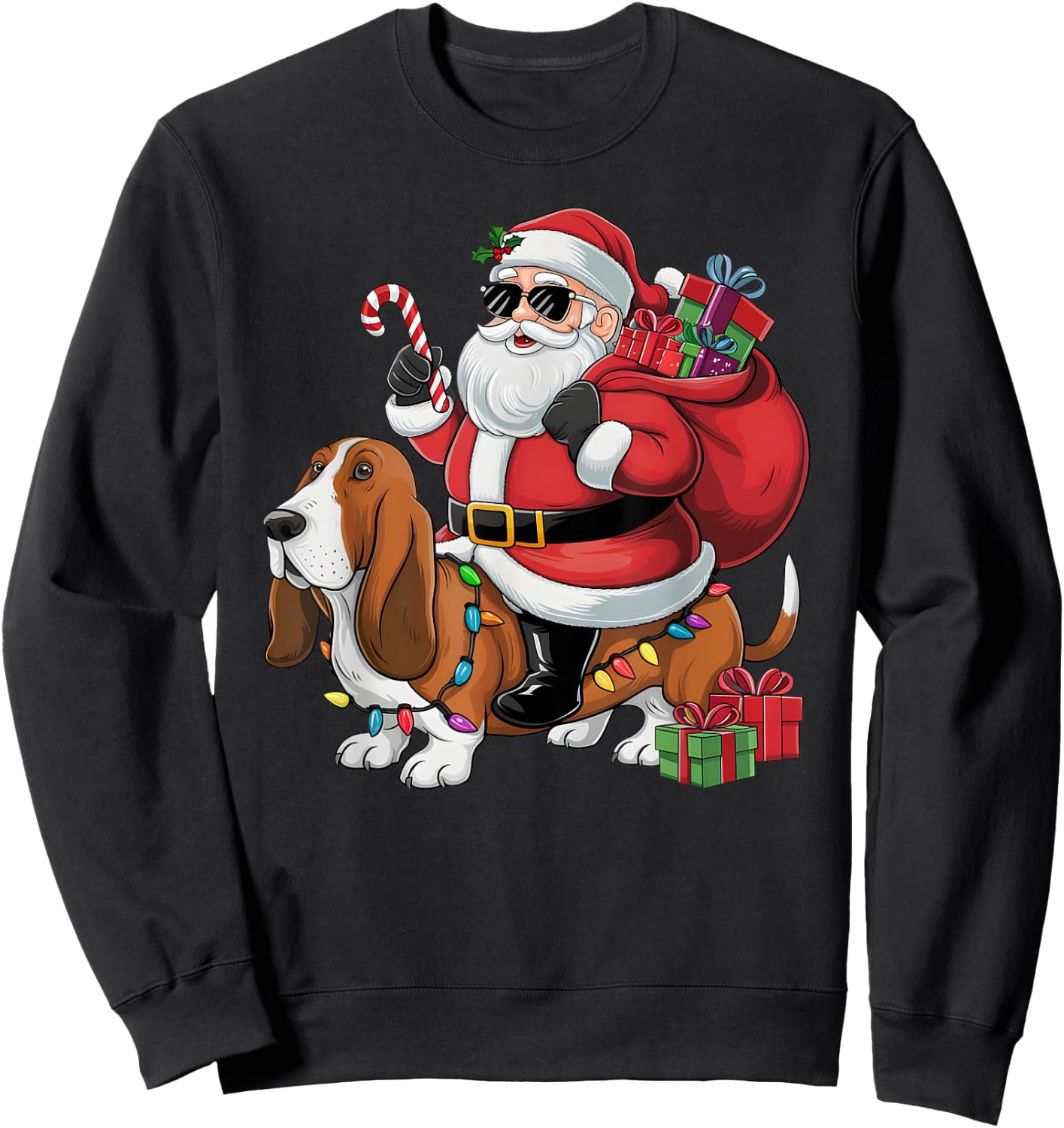 Xmas Lighting Funny Santa Riding Basset Hound Dog Christmas Men Women Kids Sweatshirt - Sweatshirt | Black