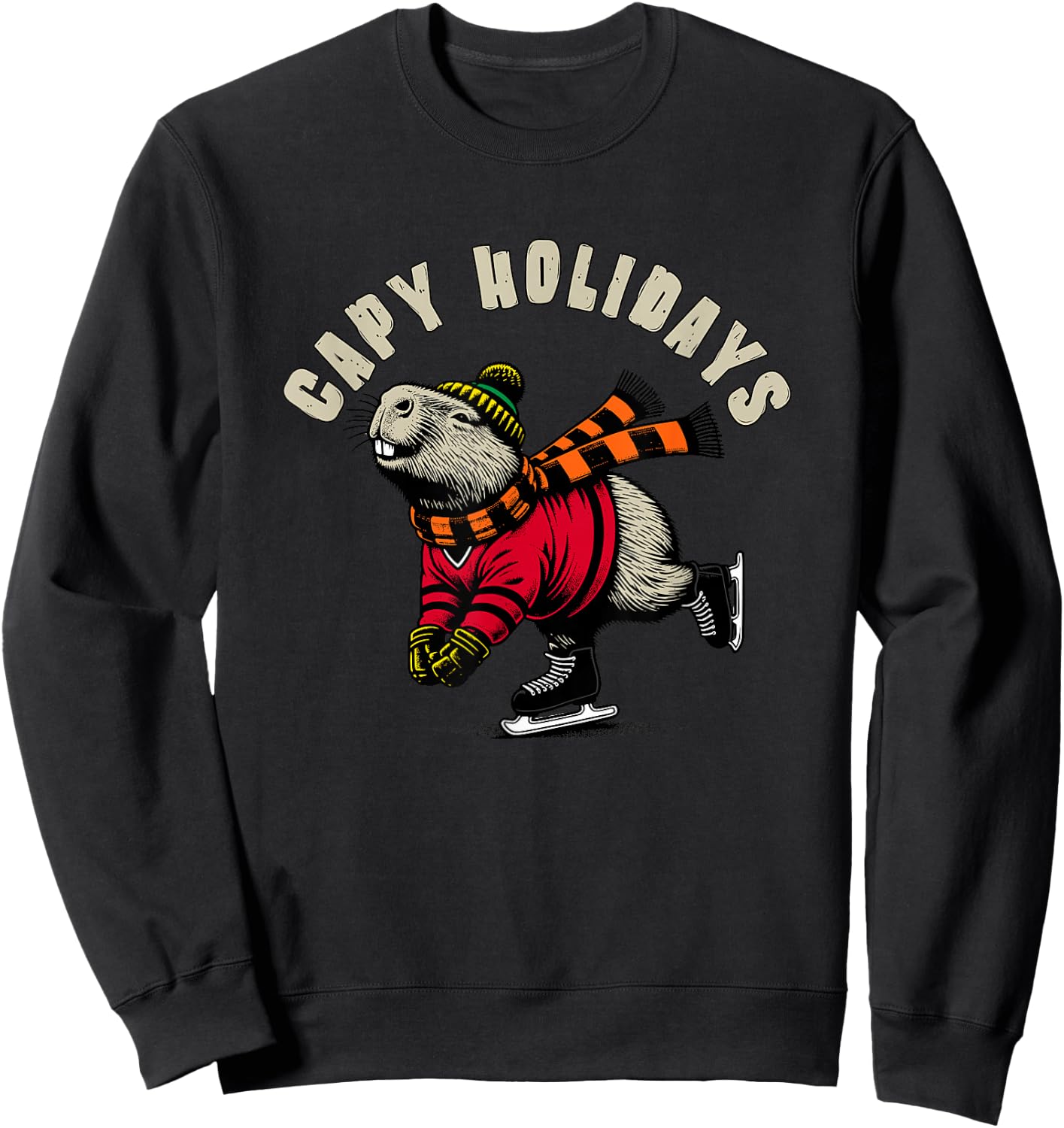 Funny Capybara Holiday Capy Holiday Ice Skating Capybara Sweatshirt - Sweatshirt | Black
