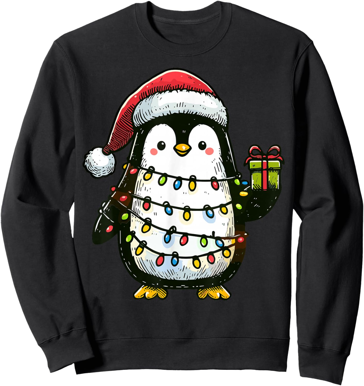 Penguin Wearing Santa Claus Hat Holding A Present Box Xmas Sweatshirt - Sweatshirt | Black