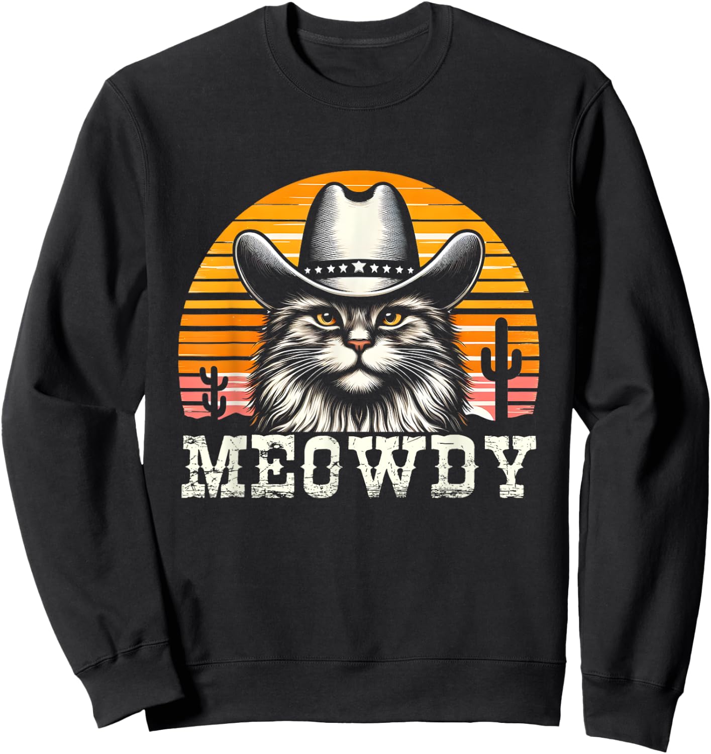 Meowdy Country Music Vintage Cat Cowboy Hat Western Sweatshirt - Sweatshirt | Black