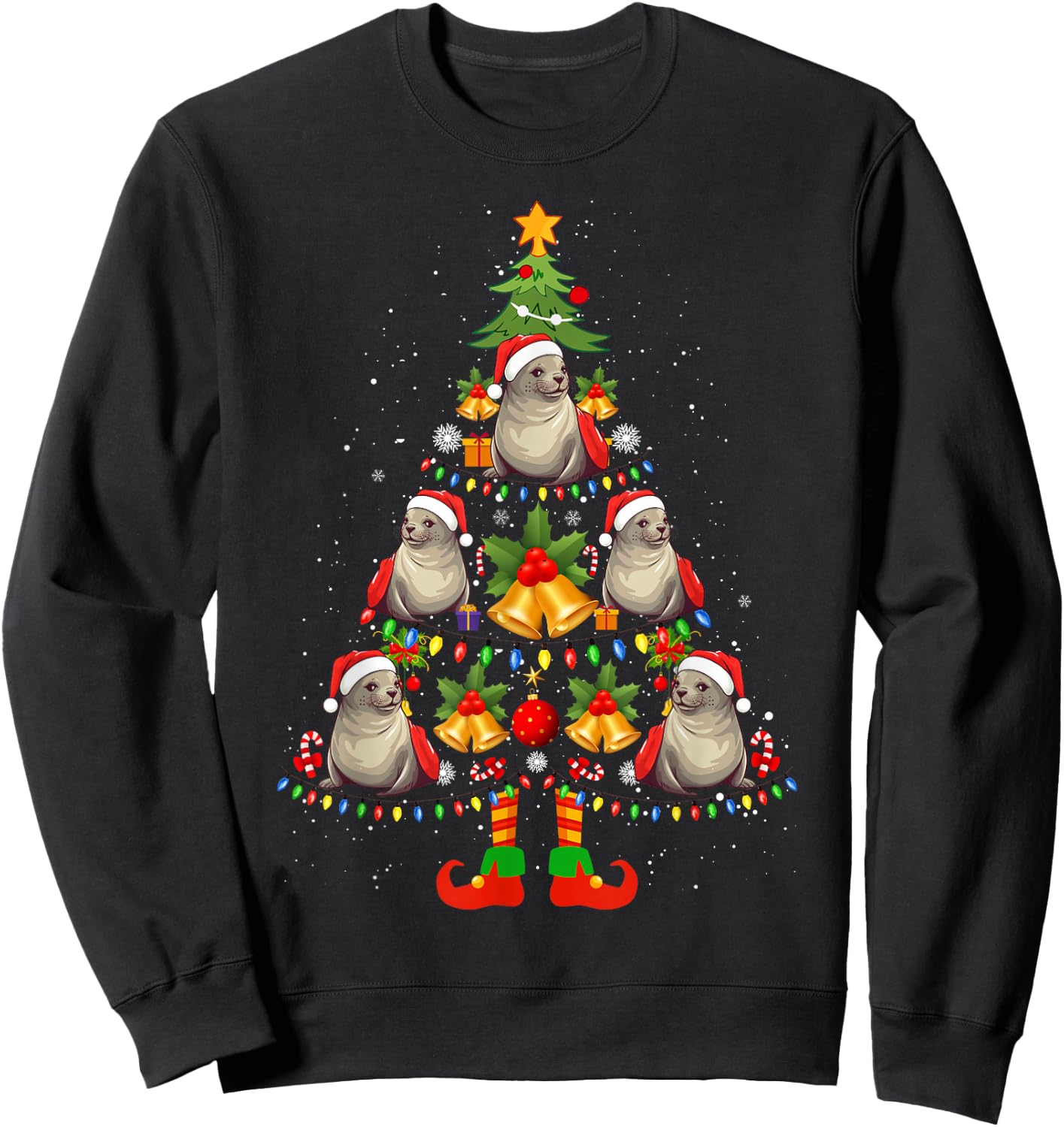 Hawaiian Monk Seal Santa Hat Christmas Tree Xmas Pajama Sweatshirt - Sweatshirt | Black