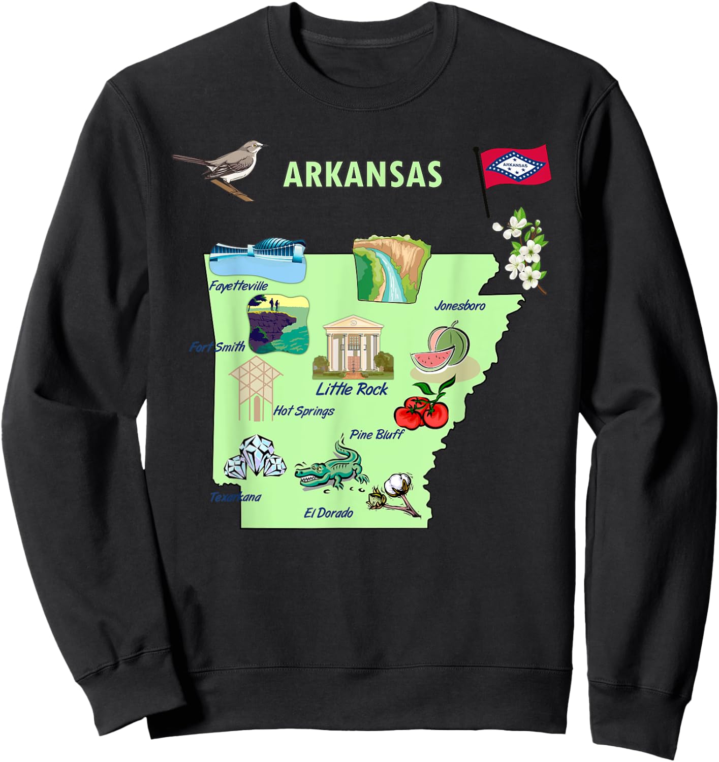 Arkansas state tourist map, landmarks, famous symbols, USA Sweatshirt - Sweatshirt | Black