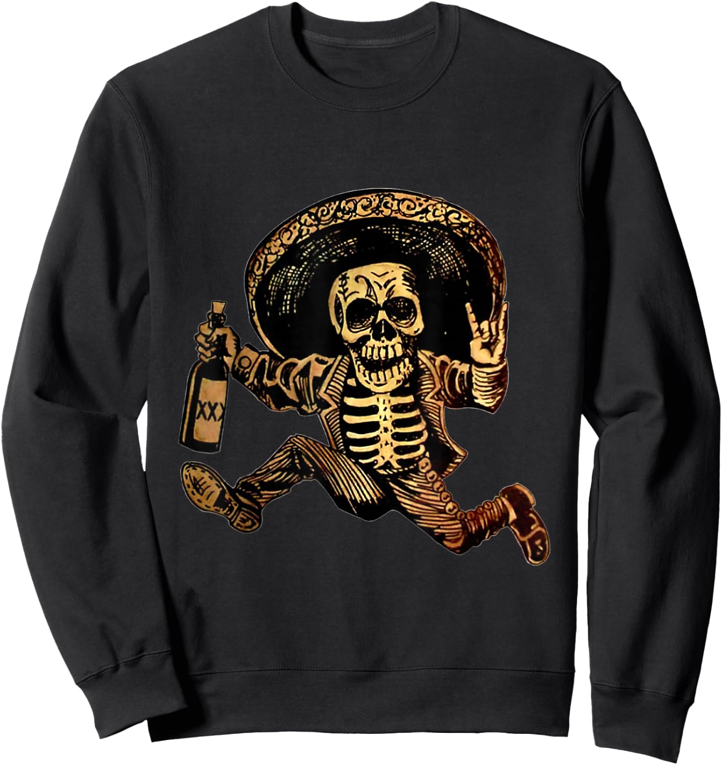 Rock And Roll Hand Skull Drinking Wine Funny Halloween Sweatshirt - Sweatshirt | Black