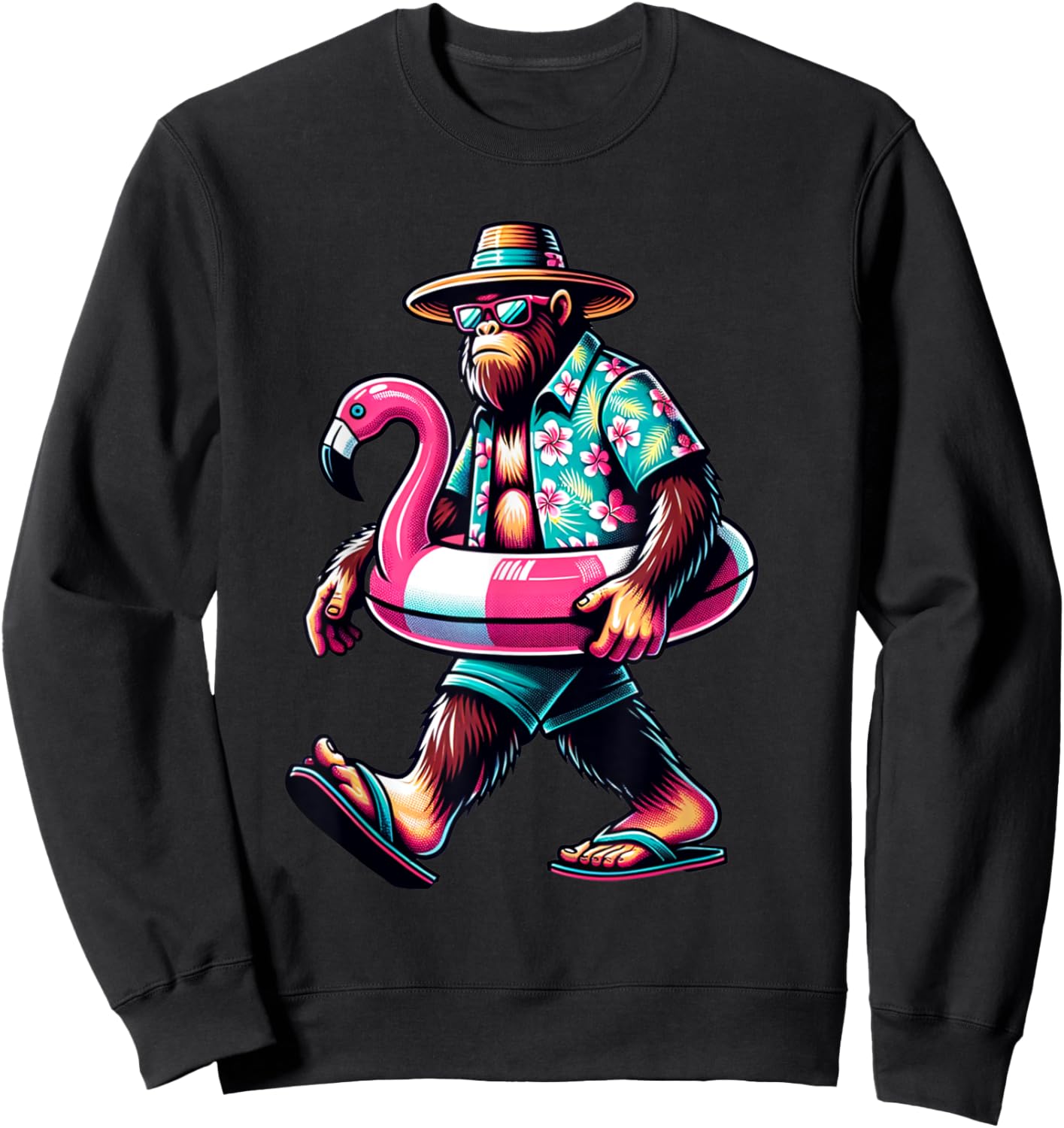 Bigfoot Pink Flamingo Aloha Pool Party Hawaiian Party Sweatshirt - Sweatshirt | Black