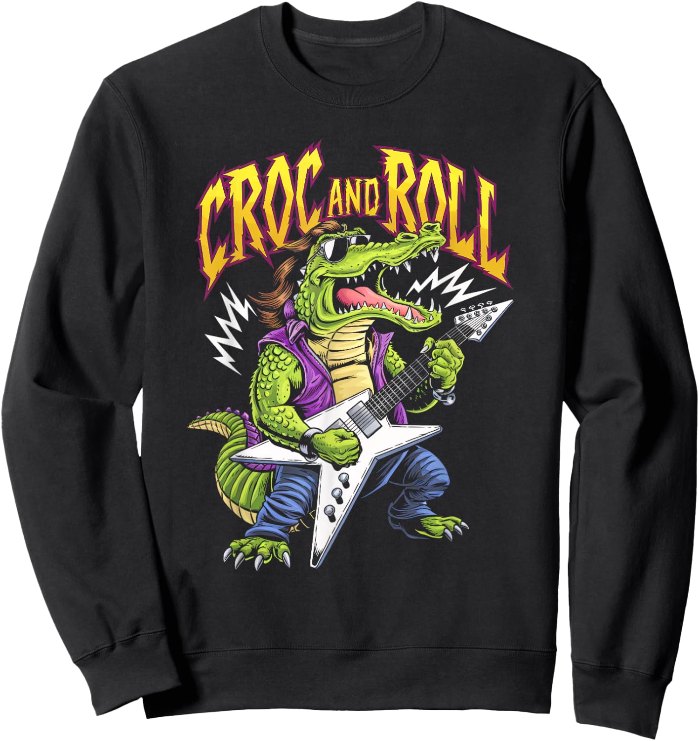 Croc And Roll Funny Crocodile Electric Guitar Rock Boys Men Sweatshirt - Sweatshirt | Black