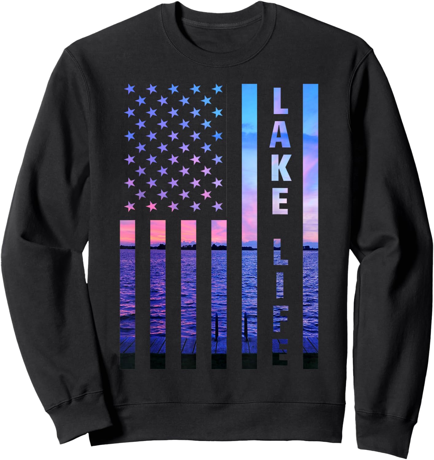 Lake Life American Flag Dock Sunset Wakeboarder Power Boat Sweatshirt - Sweatshirt | Black