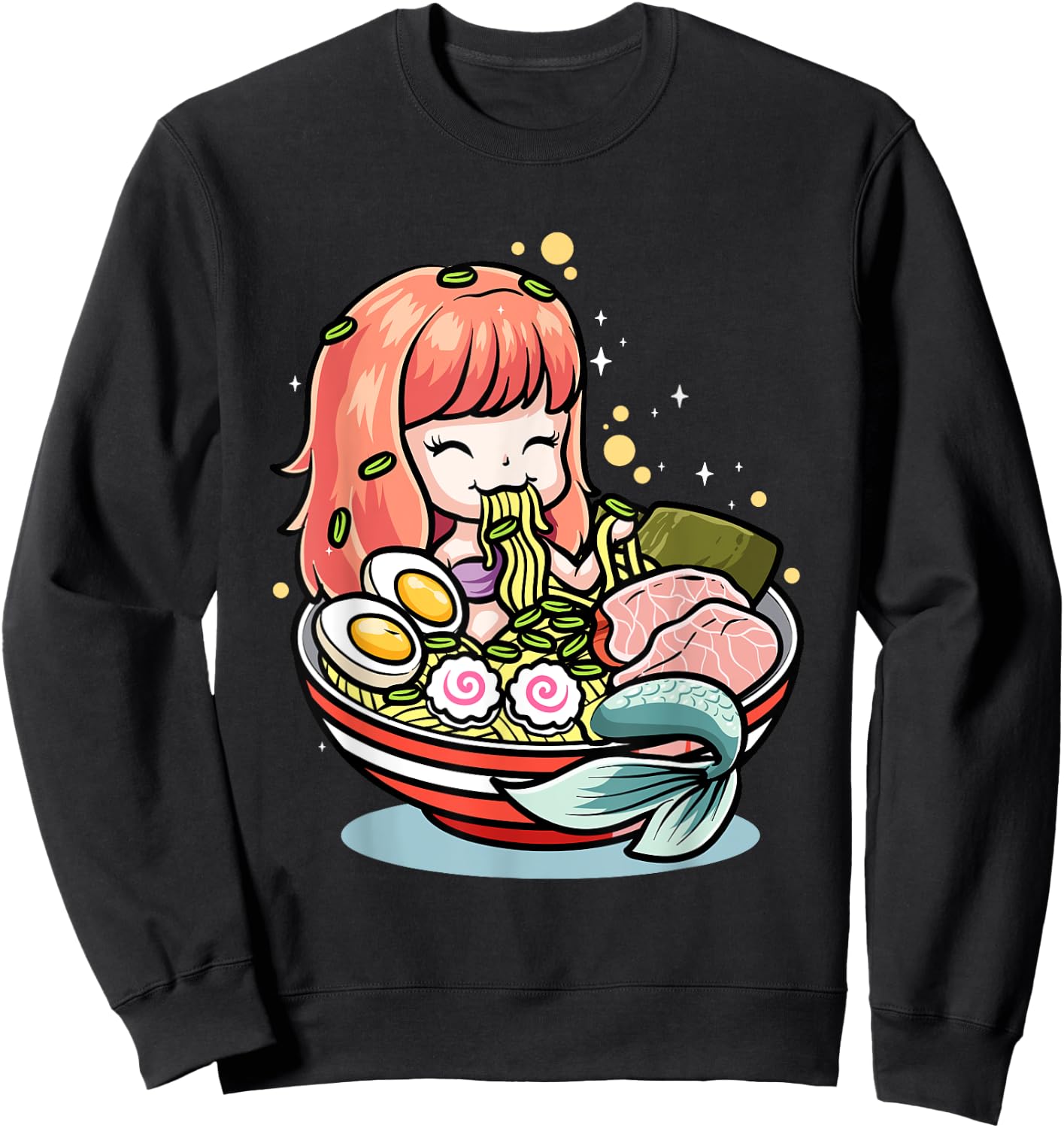 Cute Mermaid Eating Ramen Kawaii Noodle Bowl Sweatshirt - Sweatshirt | Black
