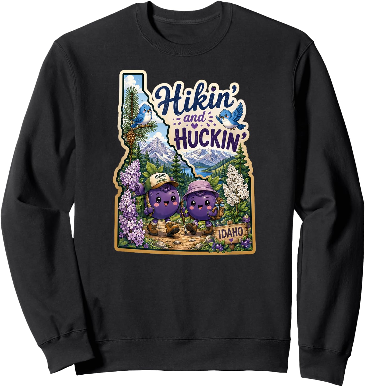Idaho Hikin' and Huckin' Kawaii Huckleberry Adventure Design Sweatshirt - Sweatshirt | Black