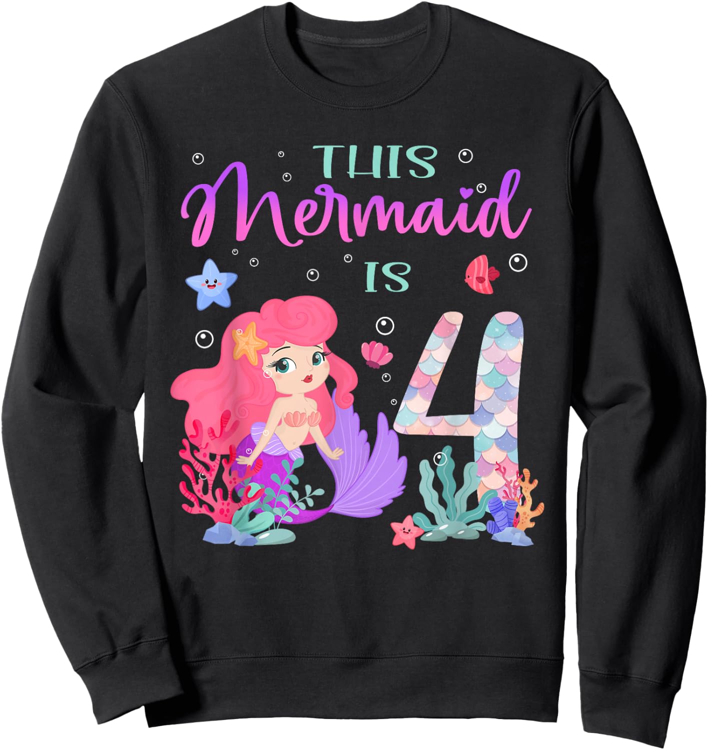 4th Birthday Cute Mermaid Girl 4 Year Old Birthday Party Sweatshirt - Sweatshirt | Black