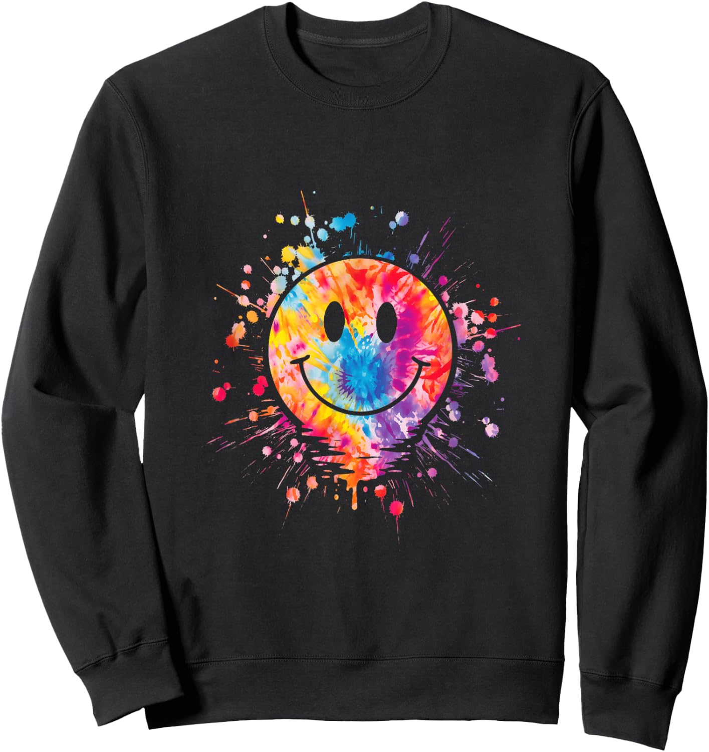 Retro Happy Face Rainbow Tie Dye Splatter 70s Peace Smile Sweatshirt - Sweatshirt | Black