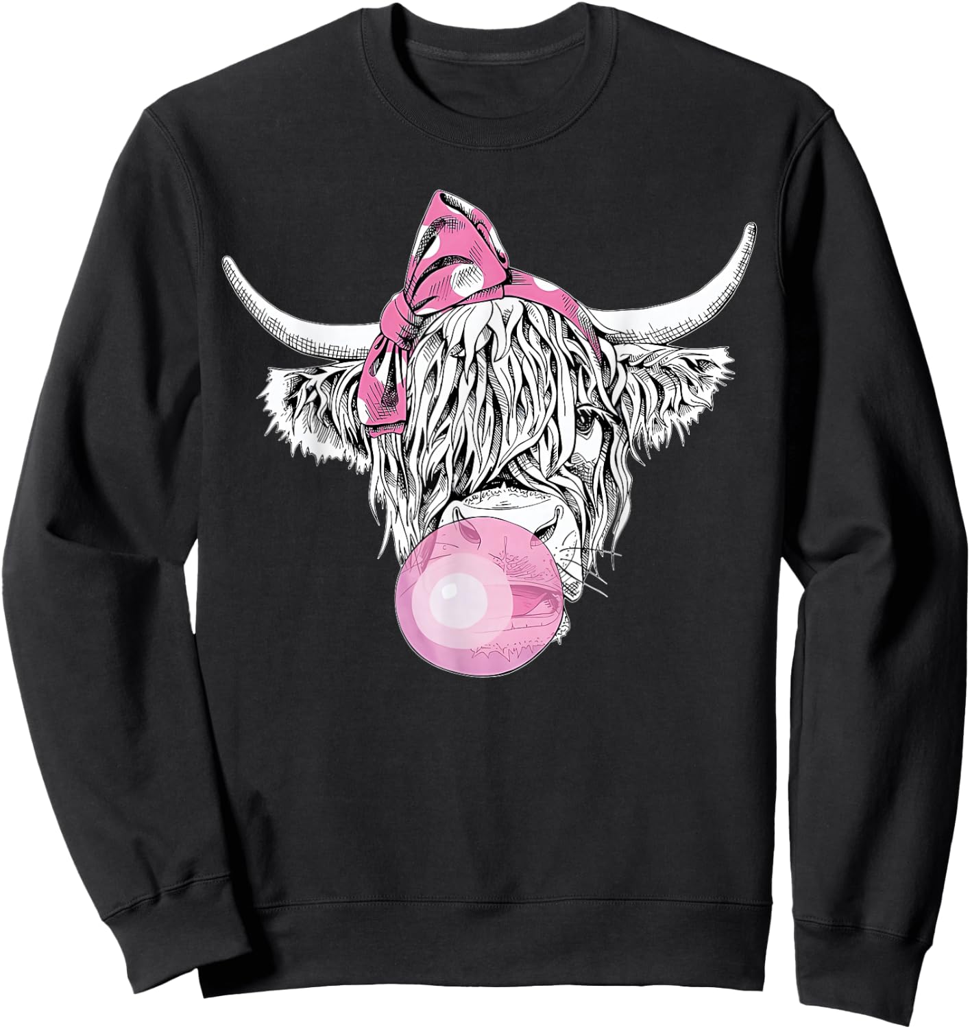 Bubble Gum Highland Cow Women Girls Heifer Farm Cow Lover Sweatshirt - Sweatshirt | Black