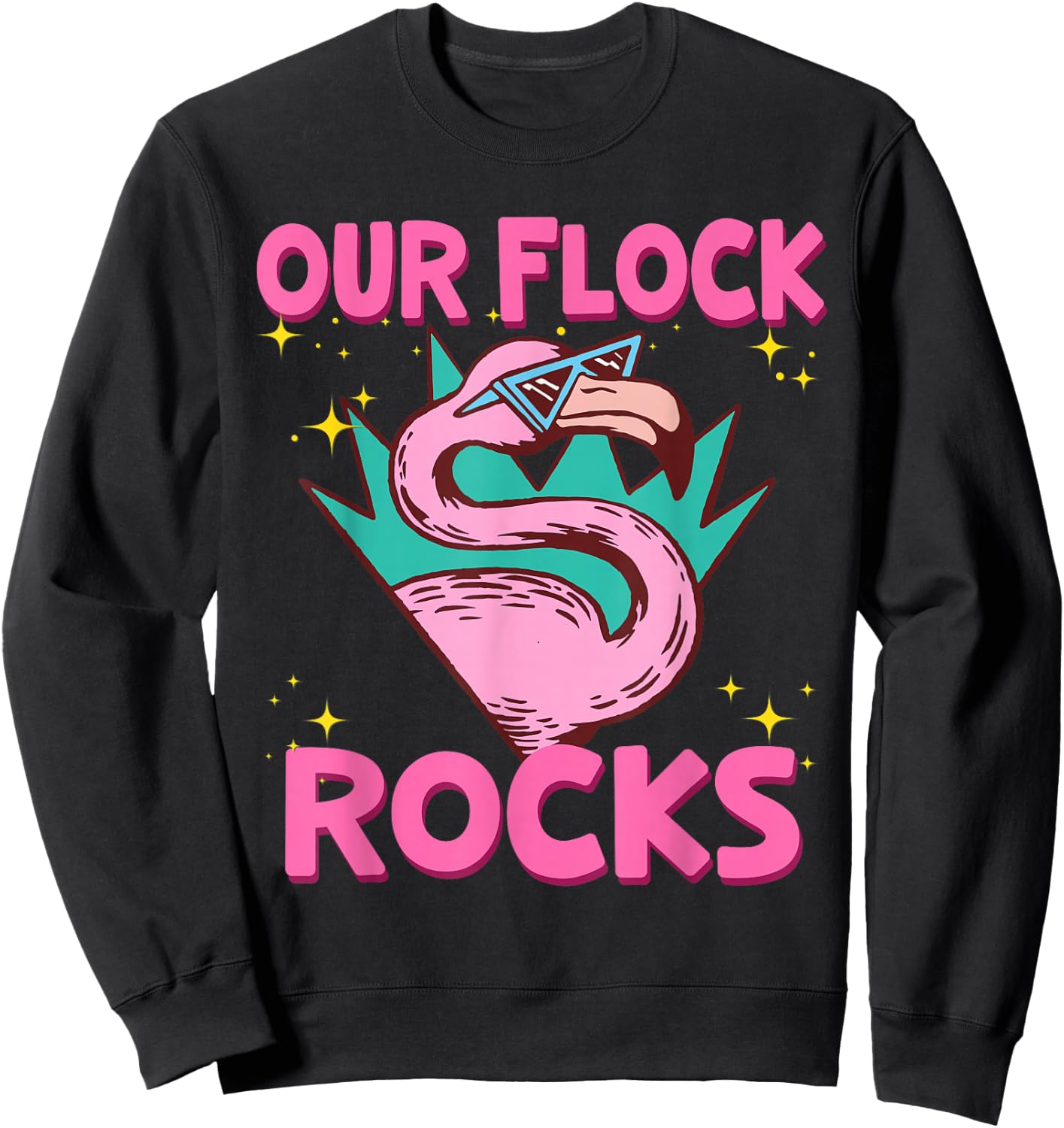 Our Flock Rocks Flamingo Matching Family Vacation Group Sweatshirt - Sweatshirt | Black