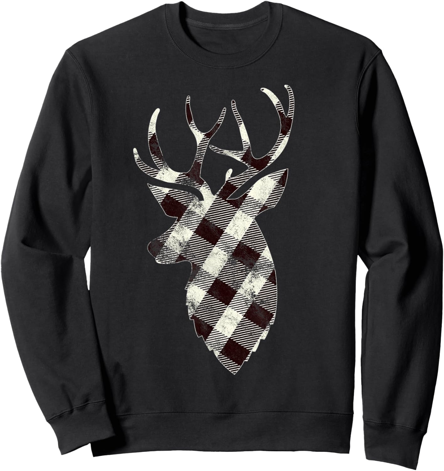 Deer Head Silhouette Gift White Buffalo Plaid Christmas Sweatshirt - Sweatshirt | Black