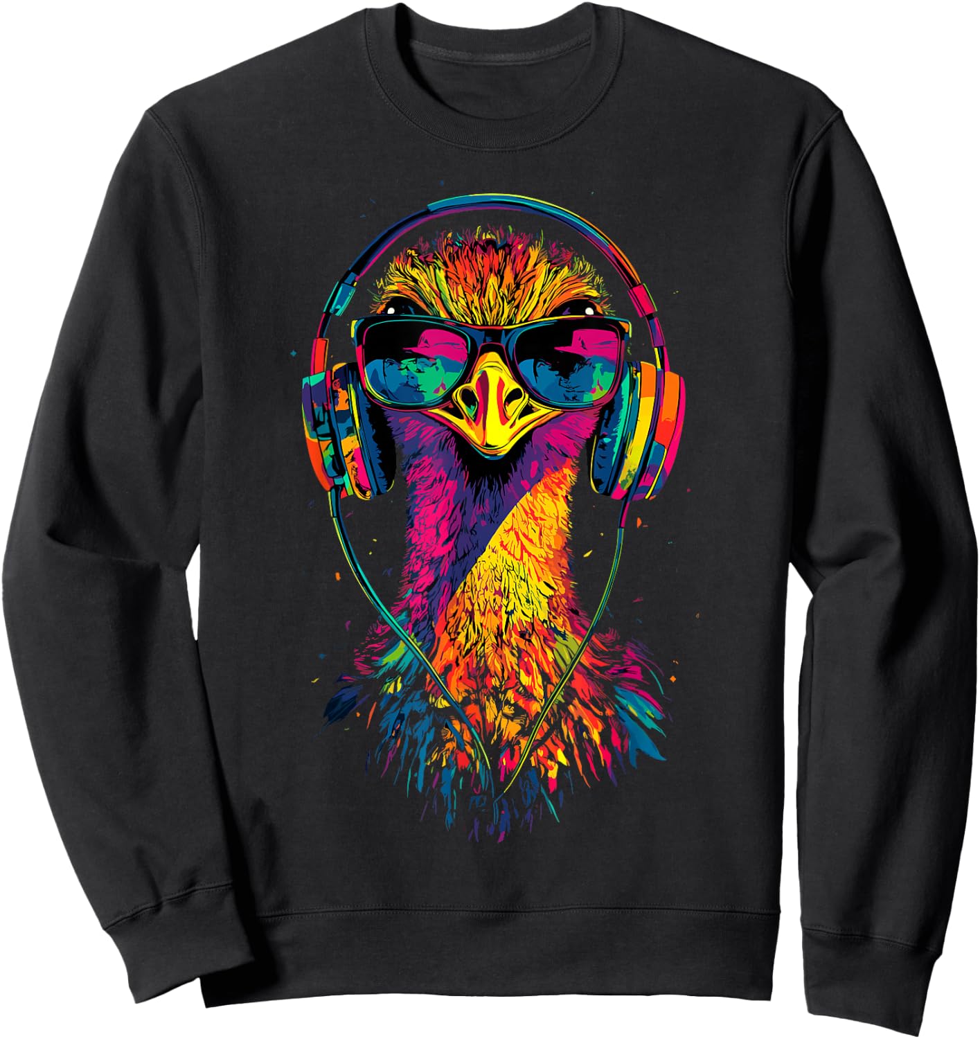 Ostrich Bird with Headphones Colorful Emu Music DJ , Black, S Sweatshirt - Sweatshirt | Black