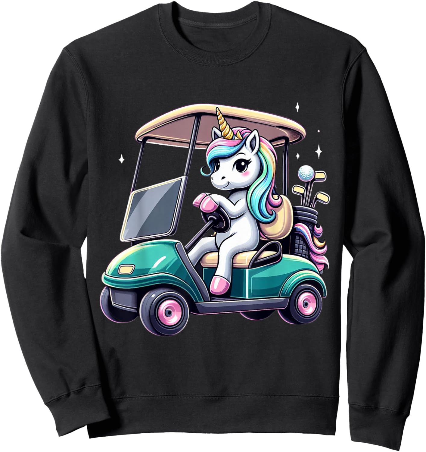 Unicorn Riding Golf Cart Boys Girls Women Kids Teens Rainbow Sweatshirt - Sweatshirt | Black