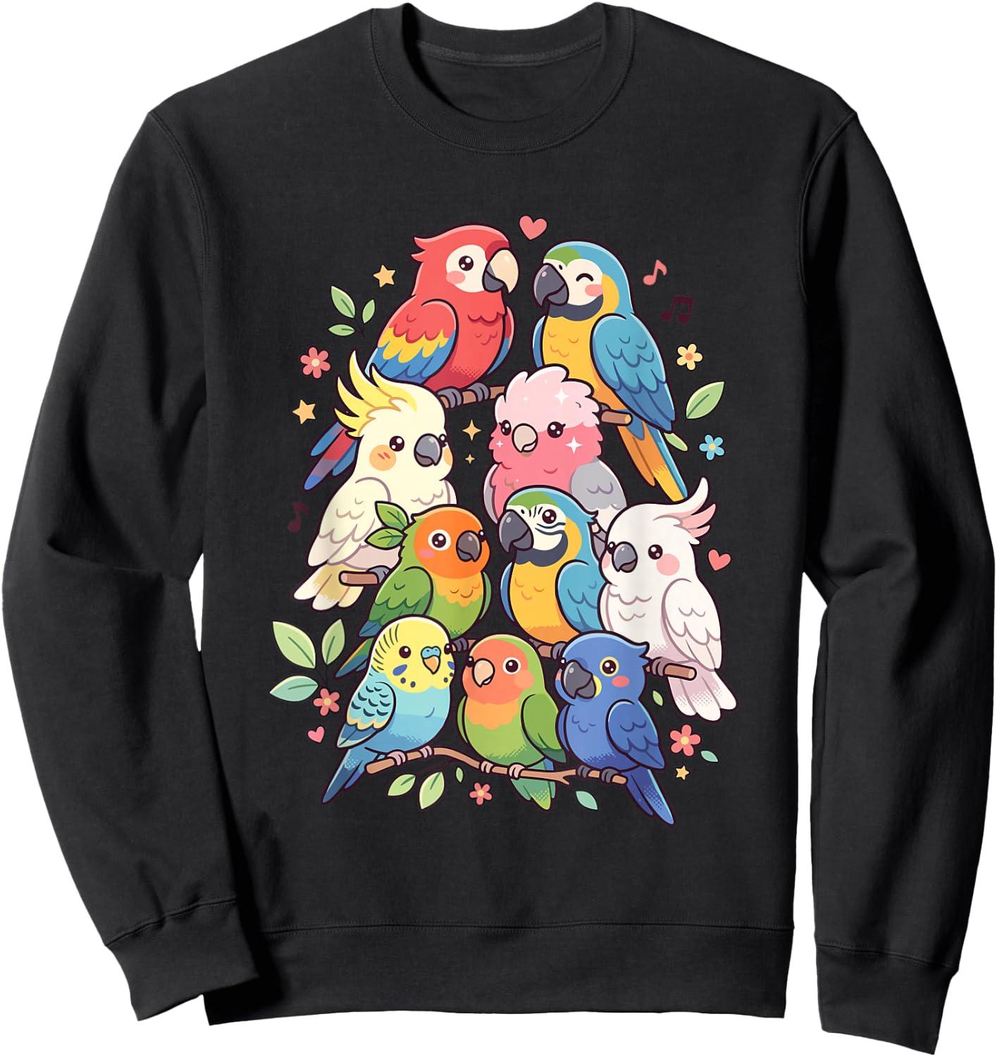 Kawaii Parrot Flock Cute Bird Aesthetic Budgie Cockatiel Sweatshirt - Sweatshirt | Black