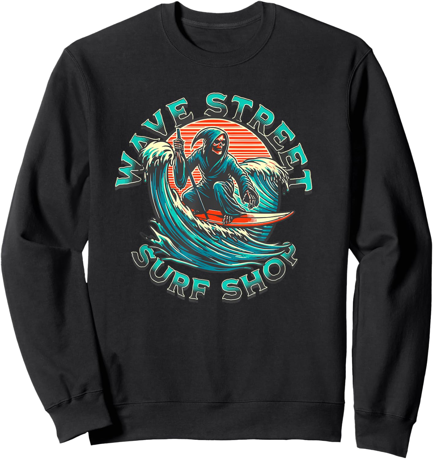 Wave Street Retro Vacation Beach Surfing Skul Graphic Sweatshirt - Sweatshirt | Black