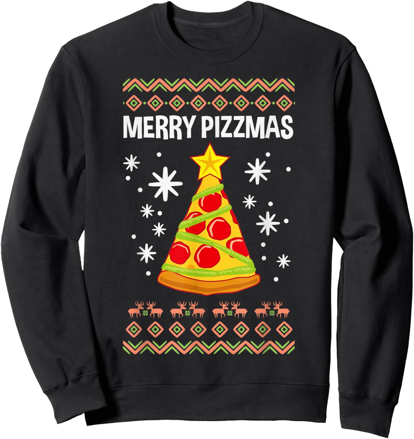 Funny Christmas Pizza Merry Pizzmas Ugly Xmas Sweatshirt - Sweatshirt | Black