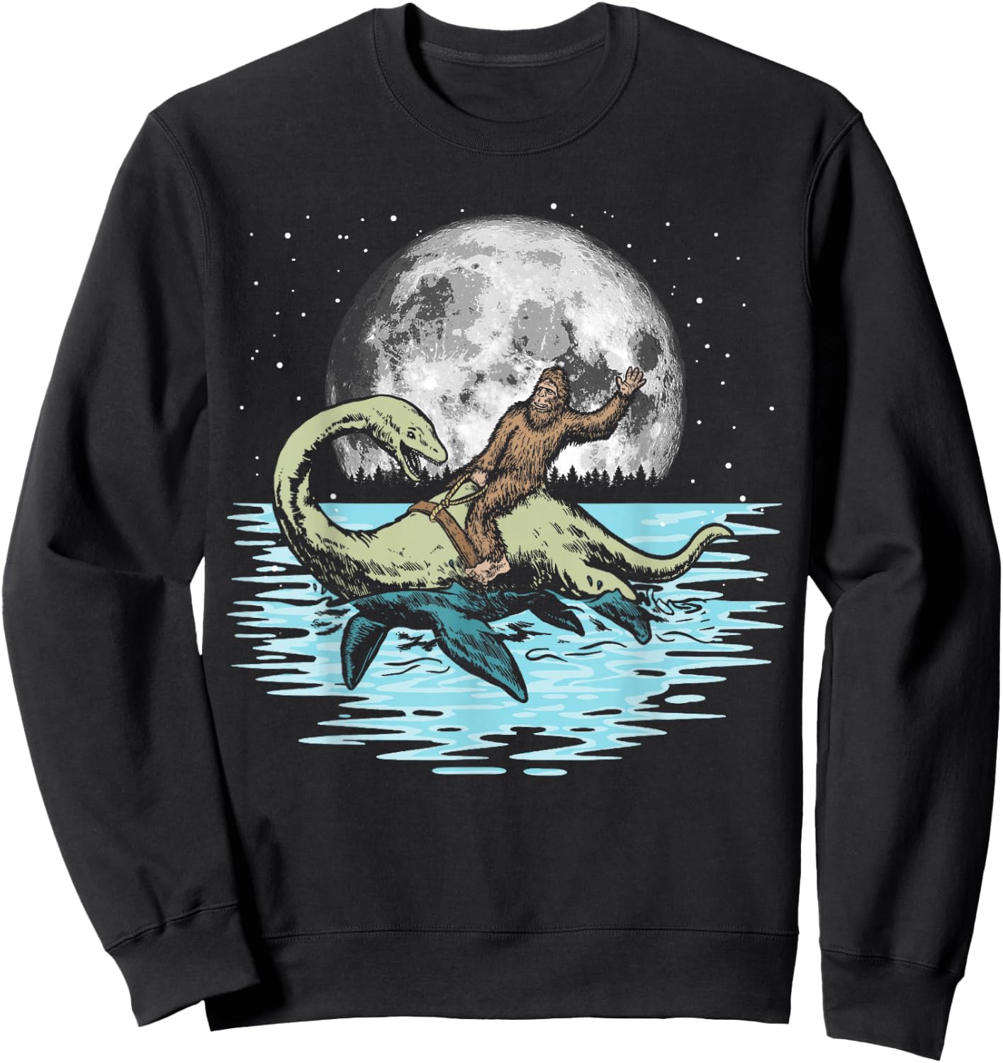 Funny Bigfoot Riding Nessie Loch Ness Monster & Full Moon Sweatshirt - Sweatshirt | Black