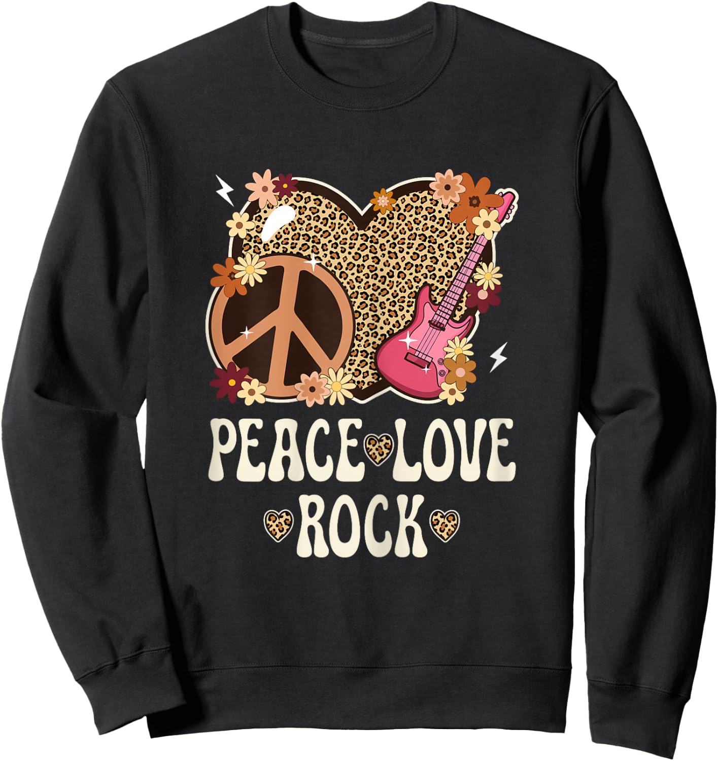 Peace Love Rock And Roll Leopard Print Women Rock Outfit Sweatshirt - Sweatshirt | Black
