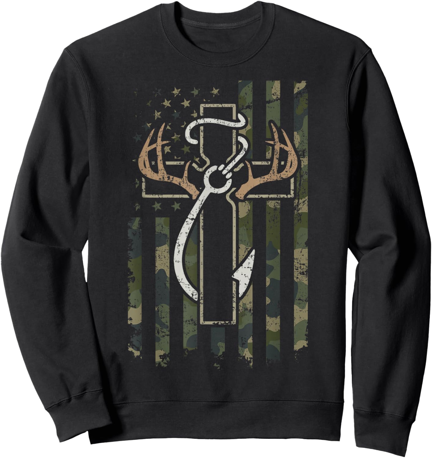 Hunting Fishing Faith - Christian Hunter Fisherman Camo USA Sweatshirt - Sweatshirt | Black